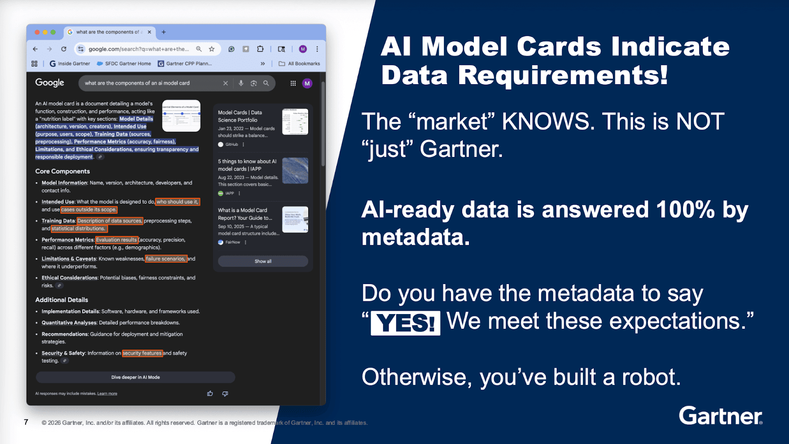 Image from Gartner presentation: AI-ready data is 100% answered by metadata