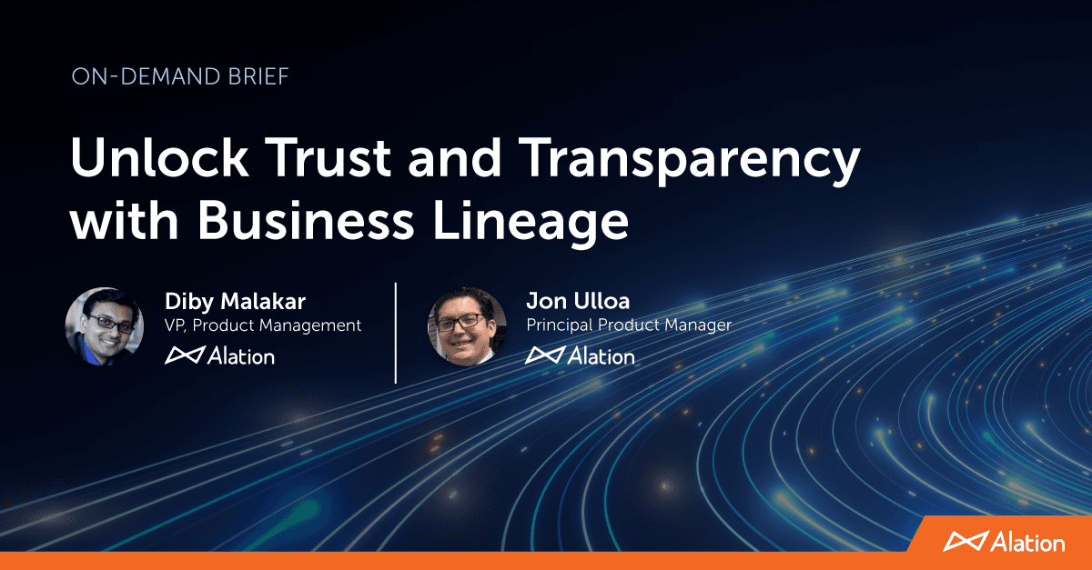 Banner promoting Alation brief on business lineage featuring product experts