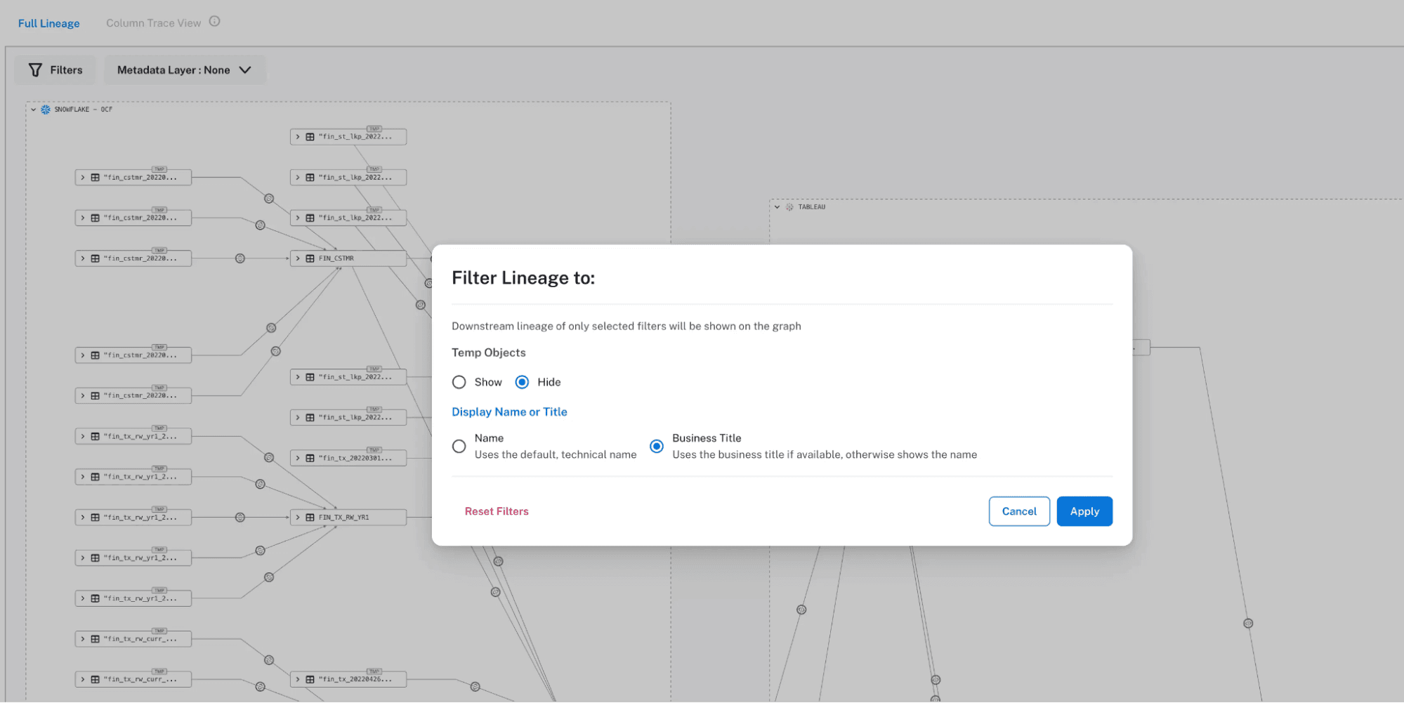 Business Lineage filters allow switching between technical names and business titles
