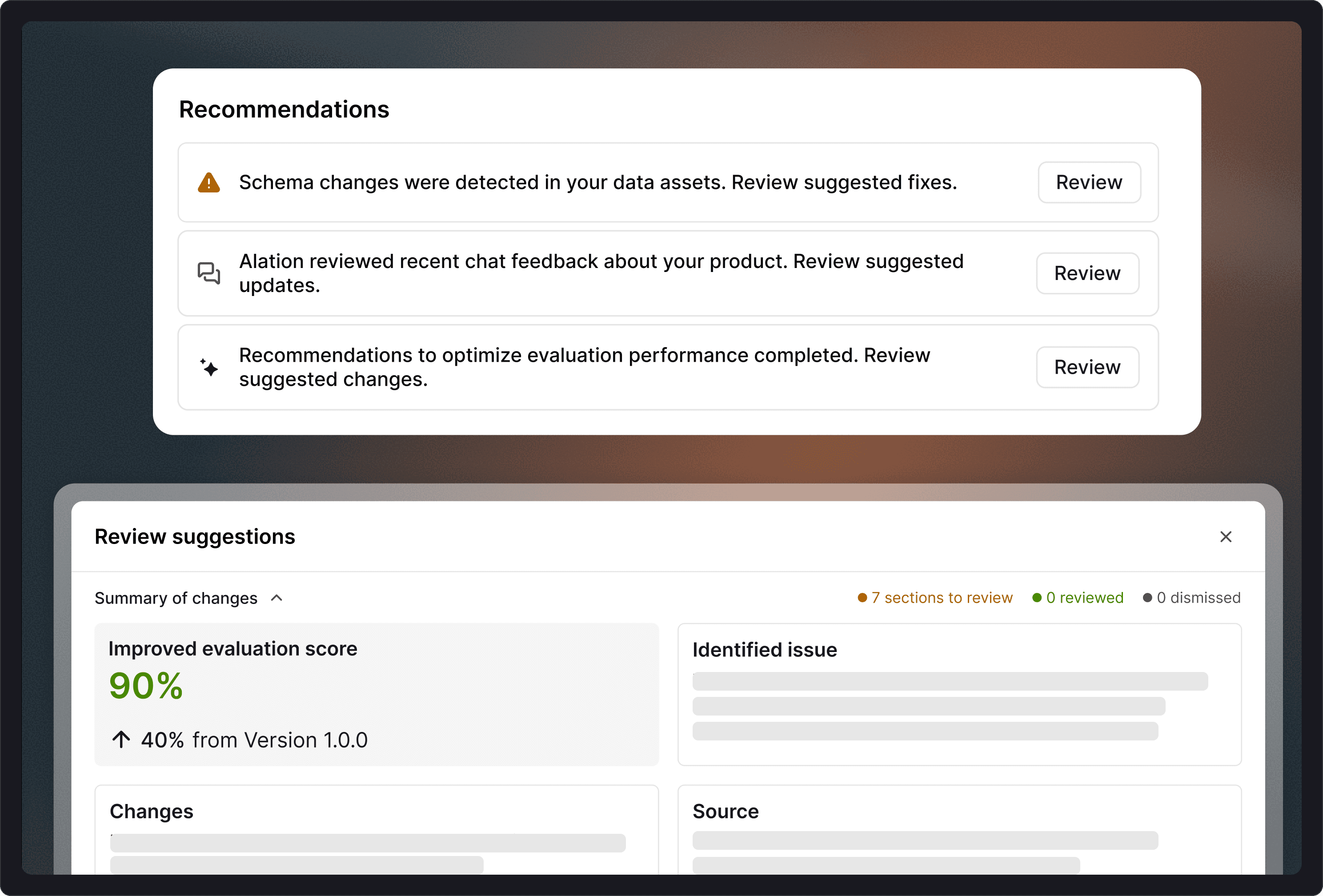 UI screenshot showing a Recommendations panel and a Review Suggestions dialog with a 90% improved evaluation score.