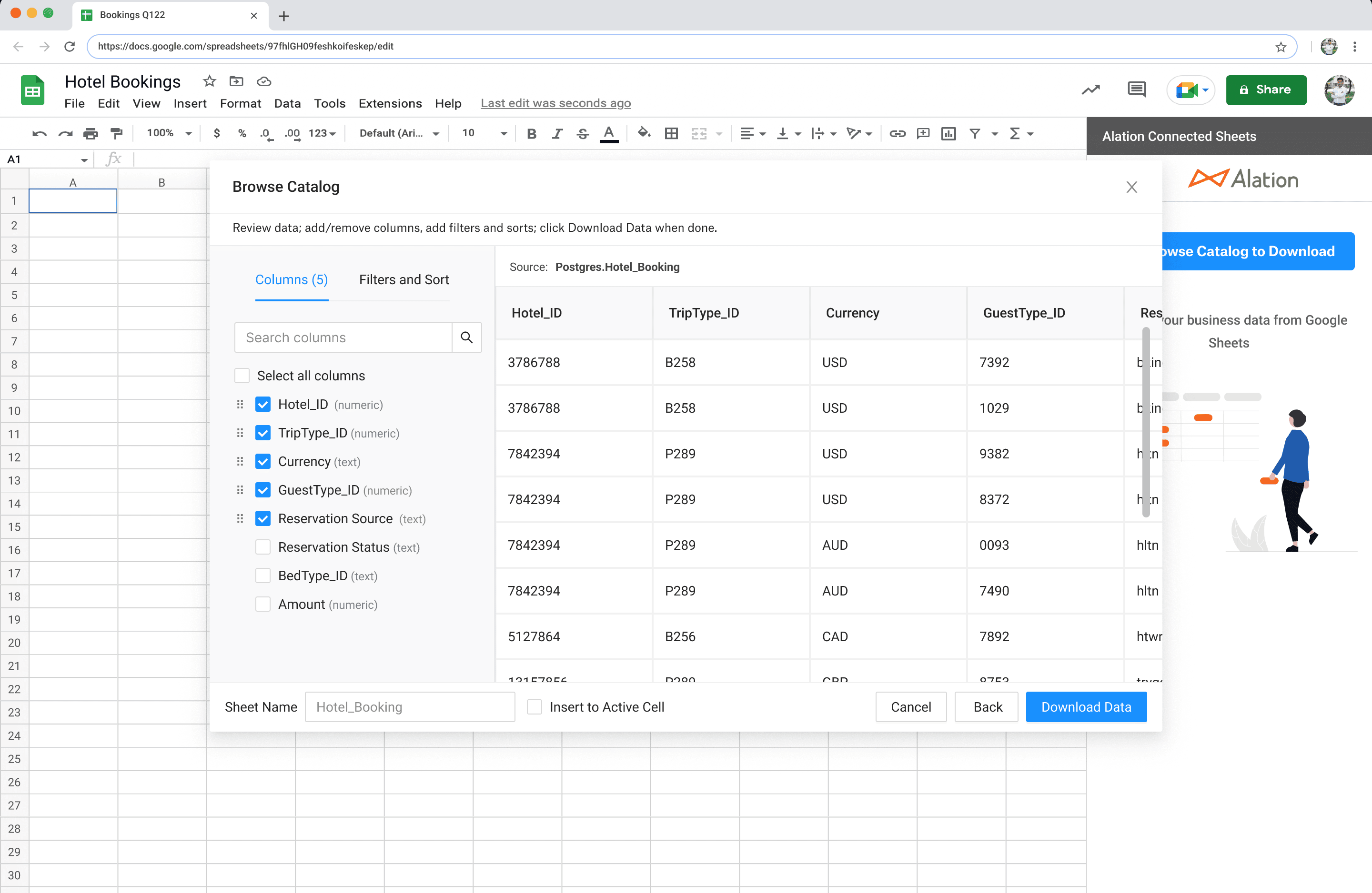 Example screenshot of Alation Connected Sheets user experience in Google Sheets interface.