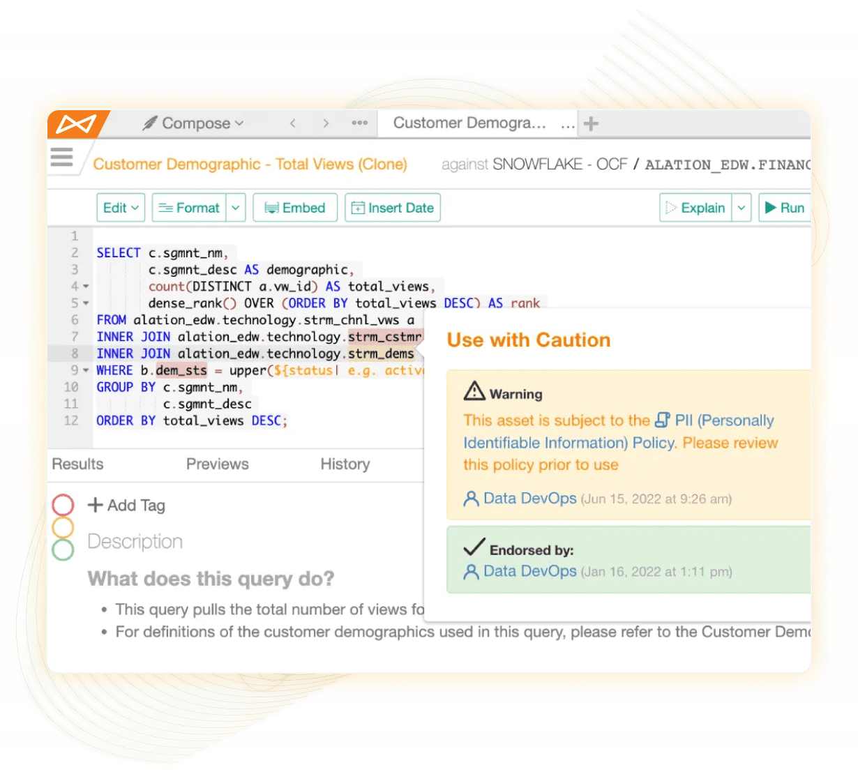 Product image of the real-time guidance users get when using Alation Compose