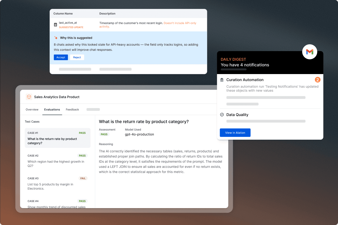 UI screenshot showing data catalog panels with AI suggestions, evaluation test cases, and a daily digest notification overlay.