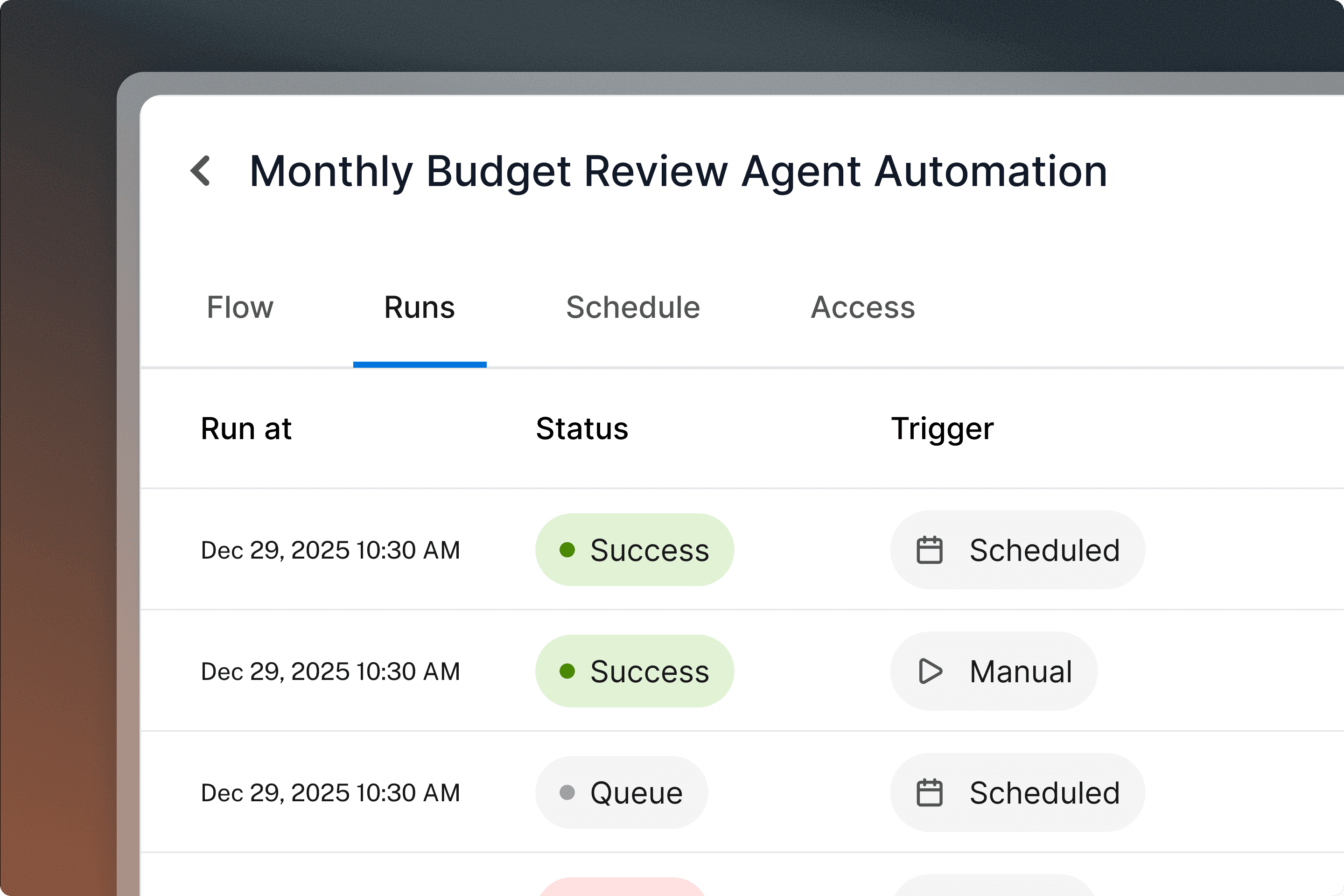 Dashboard showing Monthly Budget Review Agent Automation runs tab with Success and Queue statuses for scheduled and manual triggers.