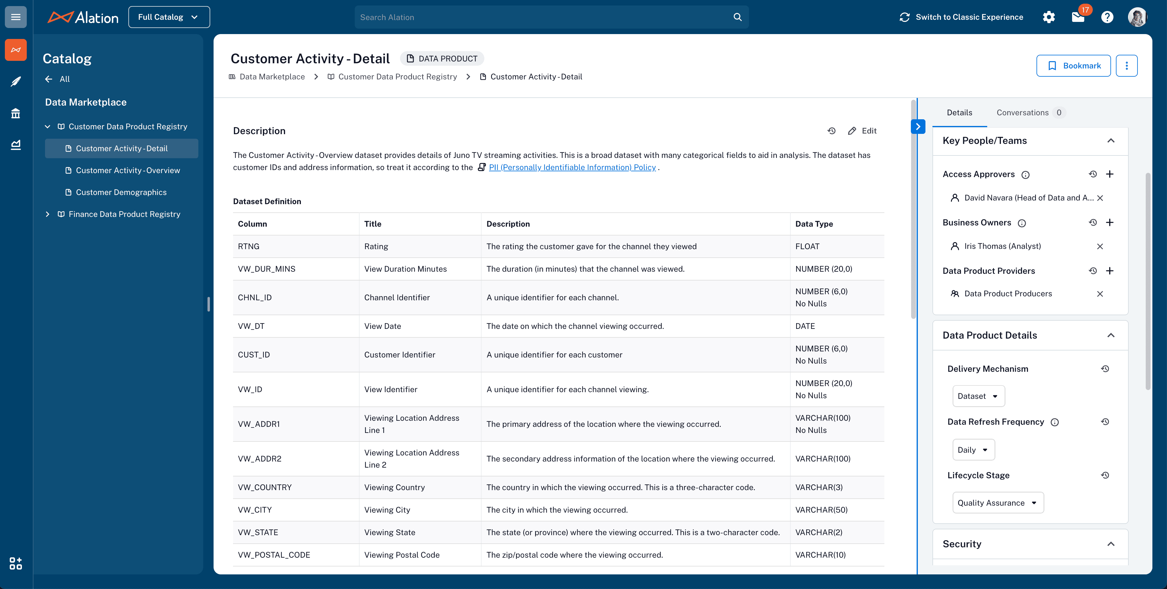 Example of data product in a data catalog