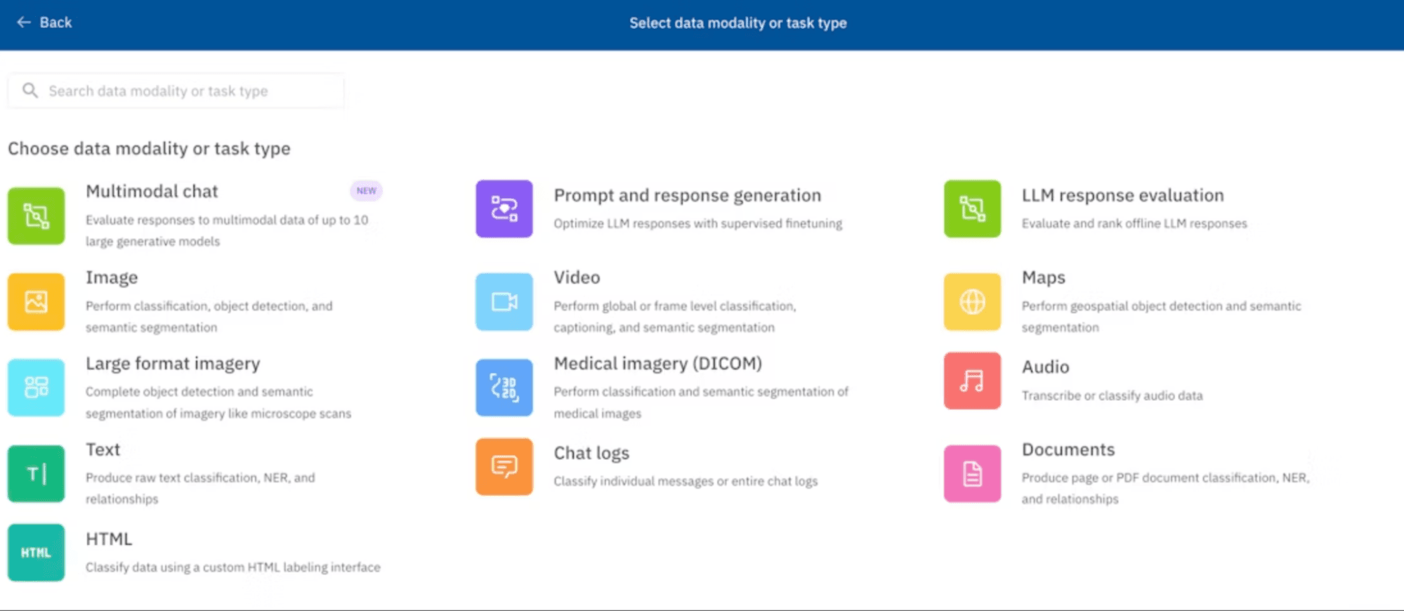 Labelbox’s interface allows teams to choose a data modality or task type.
