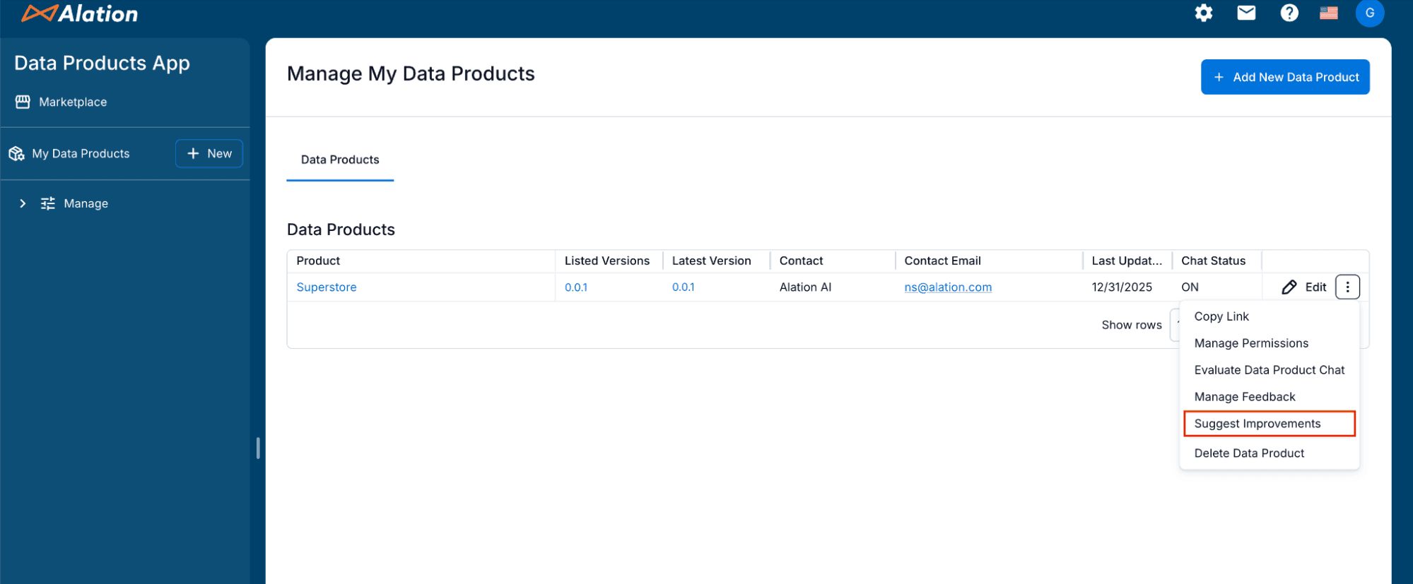 Alation screenshot showing the "Suggest Improvements" feature for Data Products