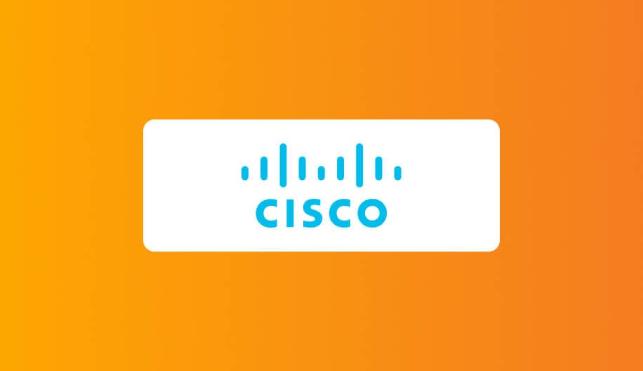 Cisco logo in bright blue on white rectangular background against an orange gradient backdrop.