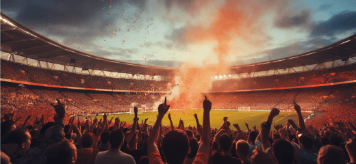 A vibrant sports stadium scene with a crowd of fans in a moment of celebration 