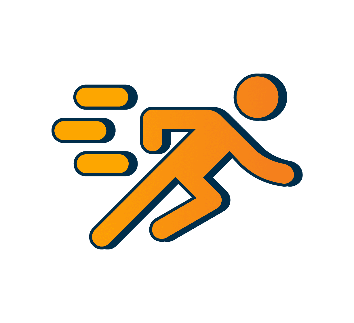 Orange running figure icon with motion lines, outlined in dark blue, representing speed or athletic activity.