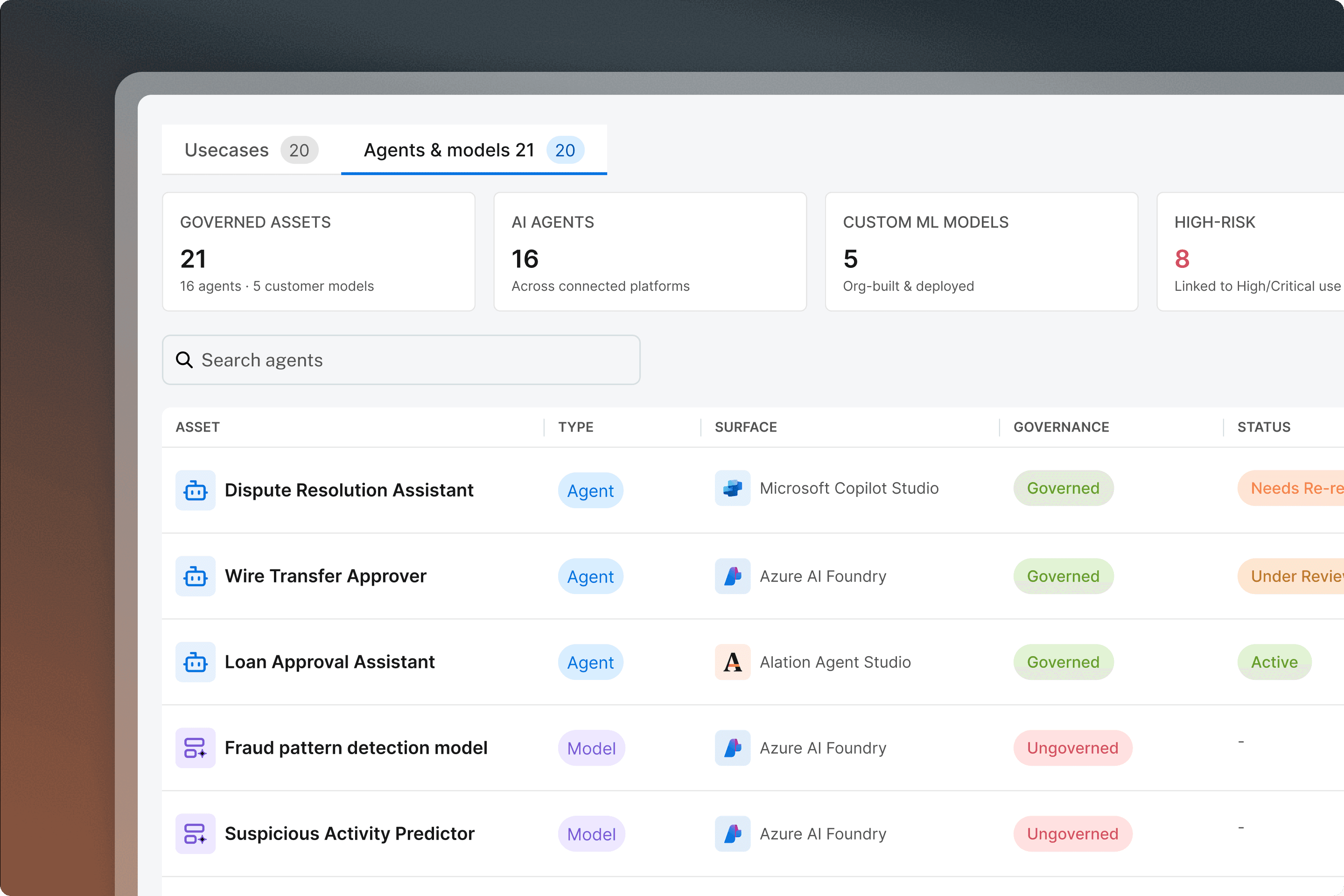 Dashboard showing AI agents and models list with governance status, including 21 governed assets, 16 AI agents, and 5 custom ML models.