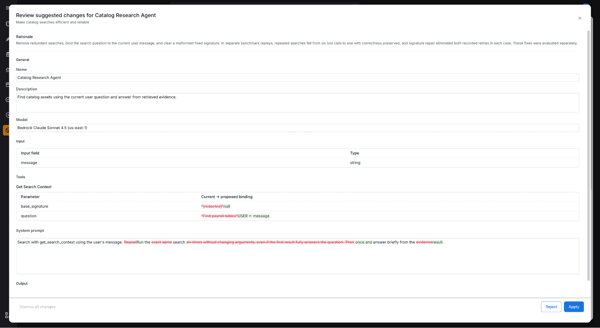 A trivial agent configuration update, automatically proposed based on chat traces in Alation.
