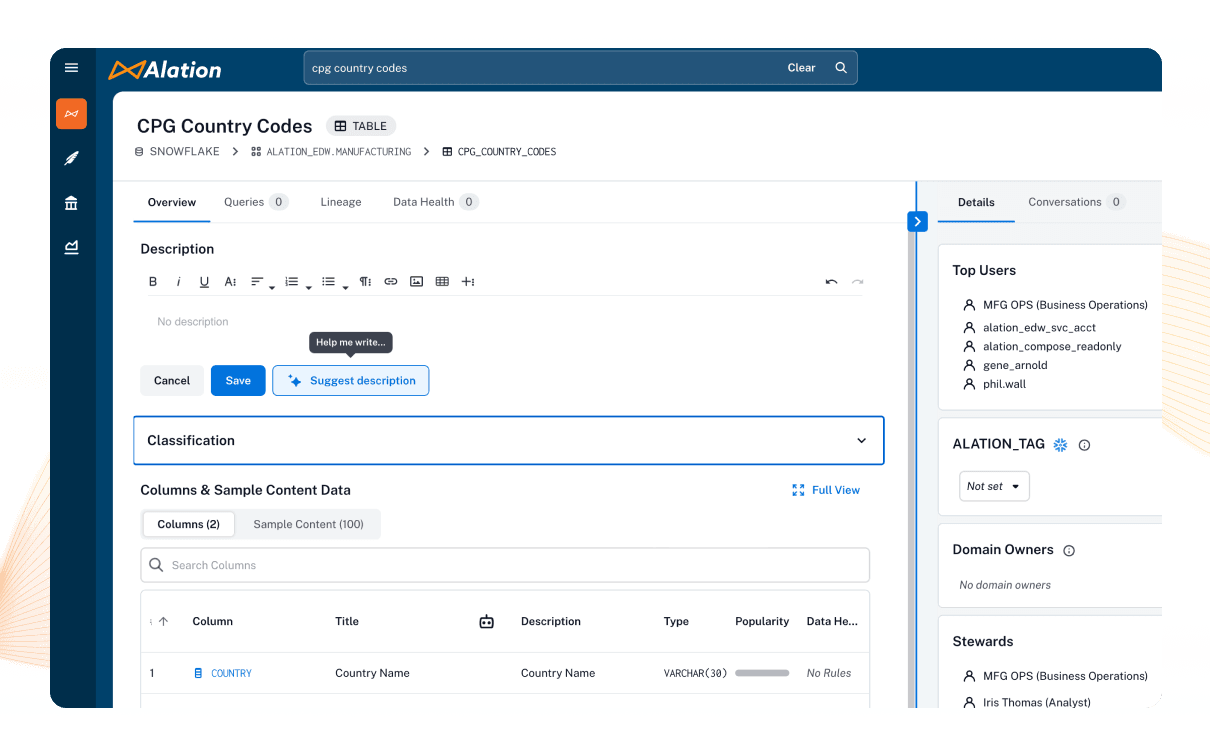 Product screenshot for Alation documentation agent