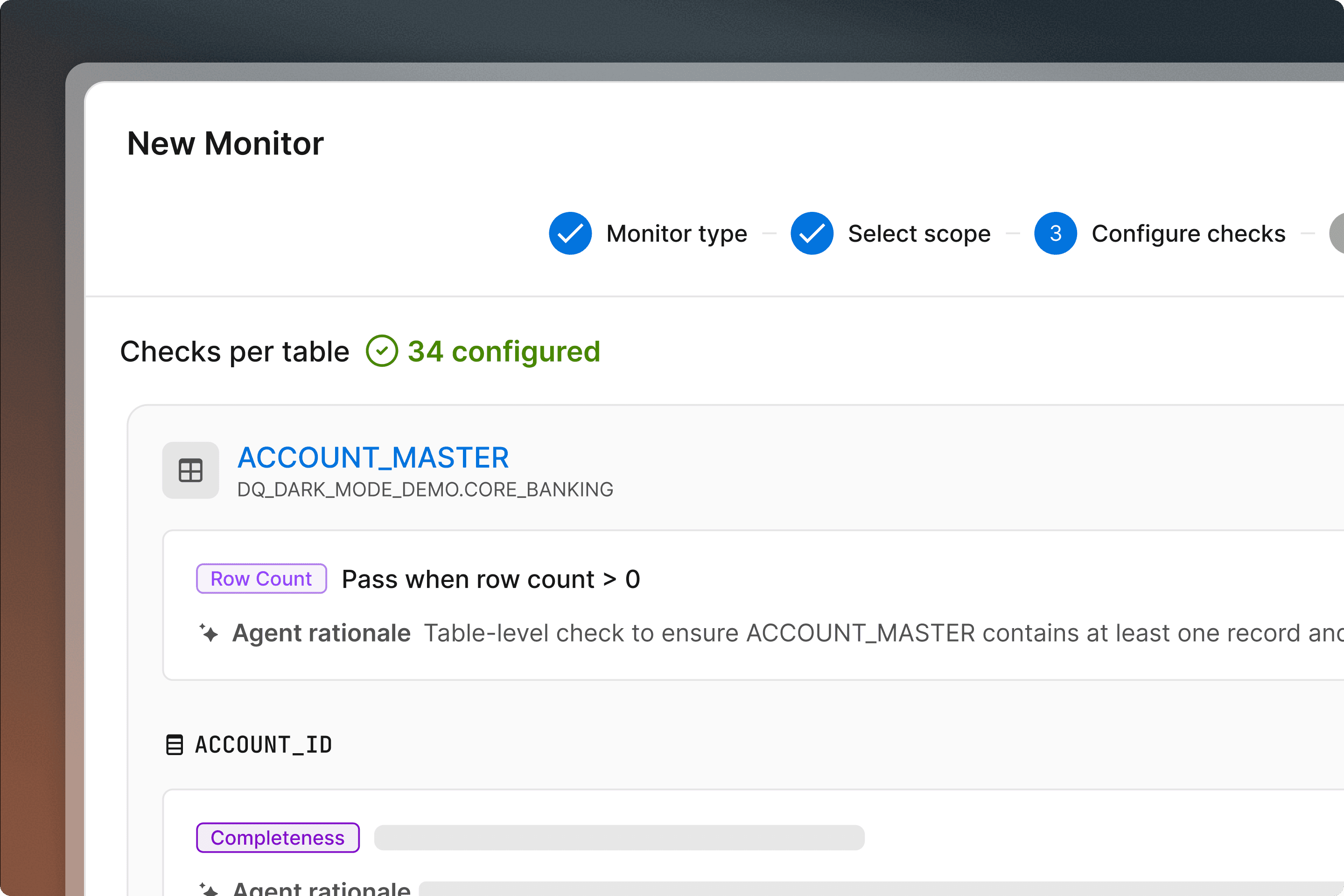 New Monitor setup screen showing step 3, Configure checks, with 34 checks configured for ACCOUNT_MASTER table.