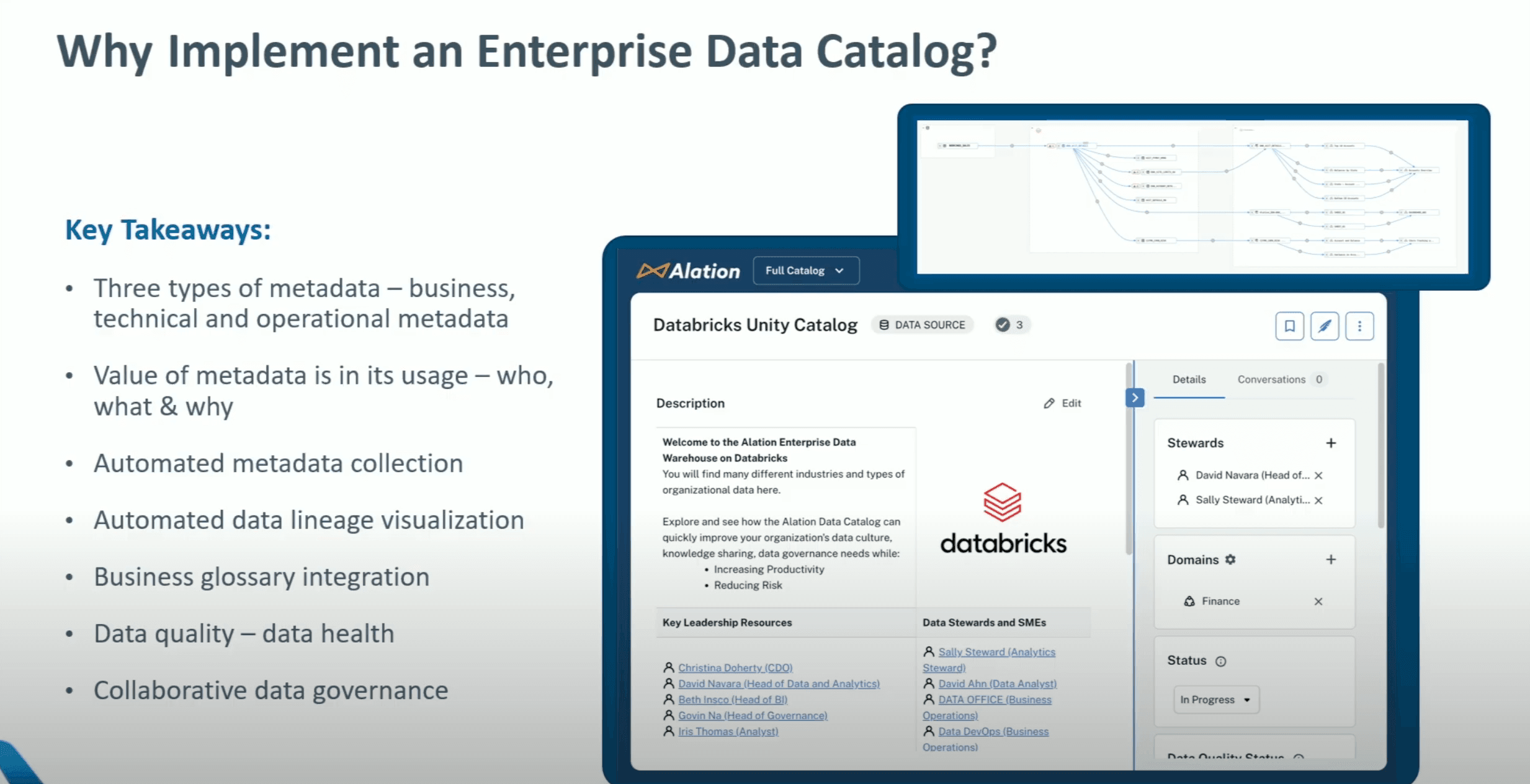 Slide from American Airlines Databricks Summit 2025 presentation: why implement an enterprise data catalog like Alation?