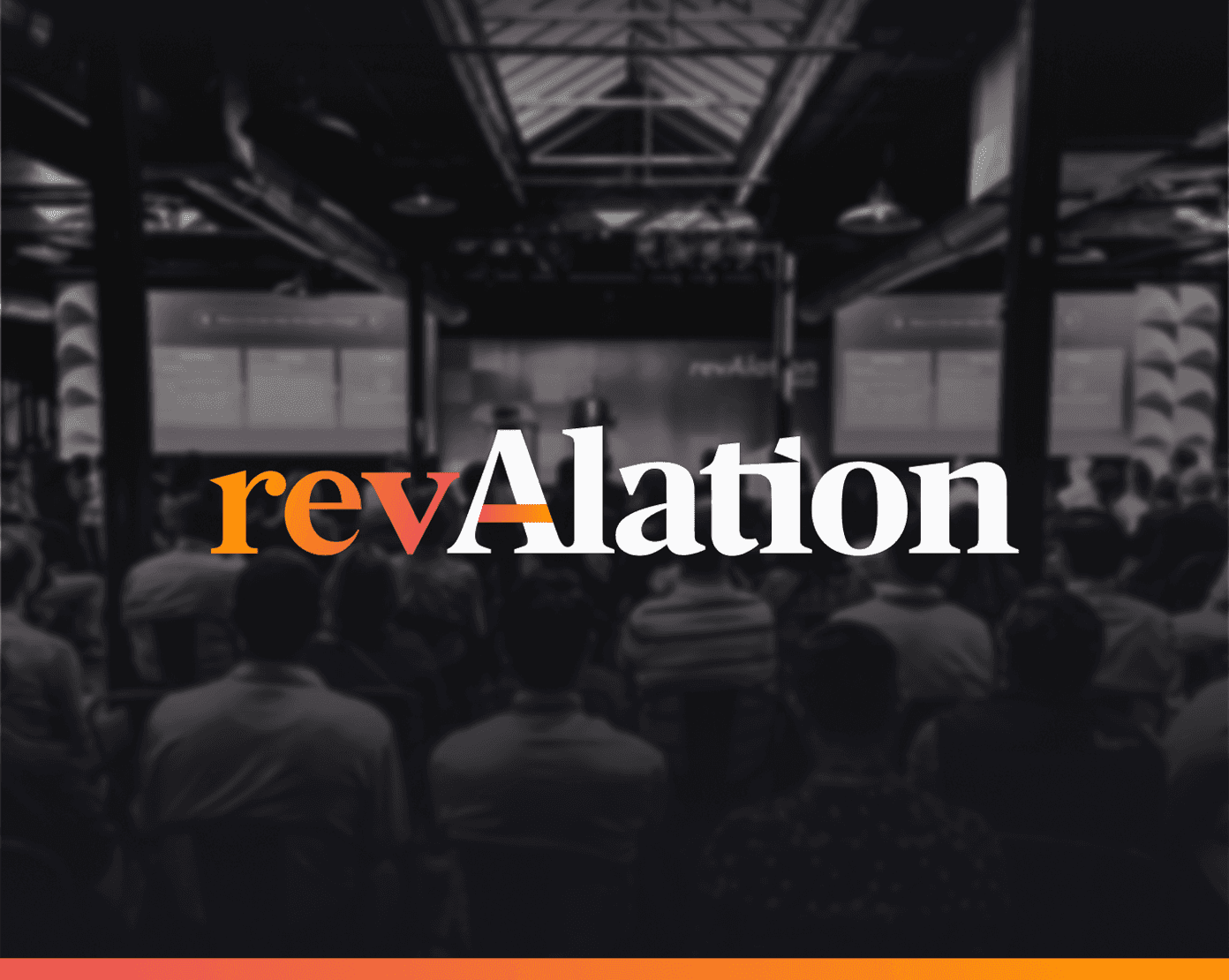 RevAlation logo in orange and white over a dark, blurred conference hall with an audience facing a stage.
