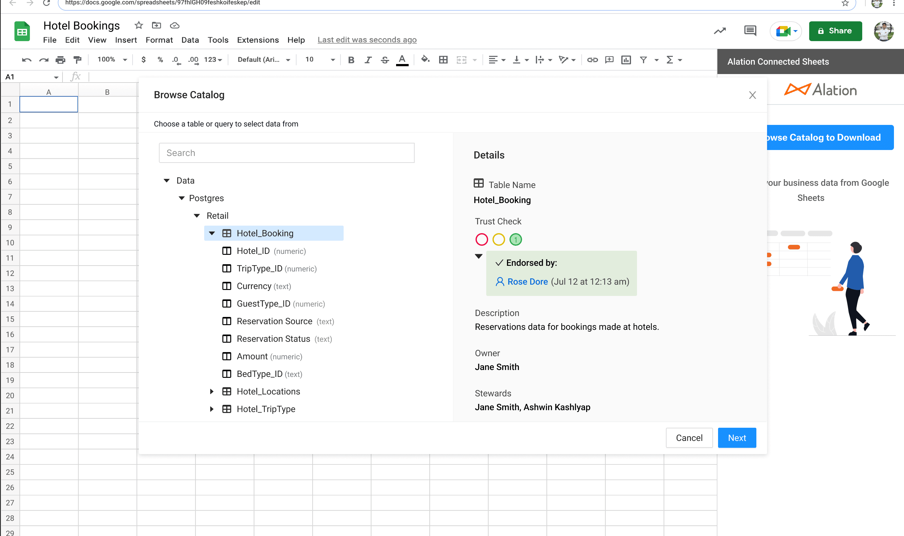 Example screenshot of how Alation Connected Sheets is used through Google Sheets.