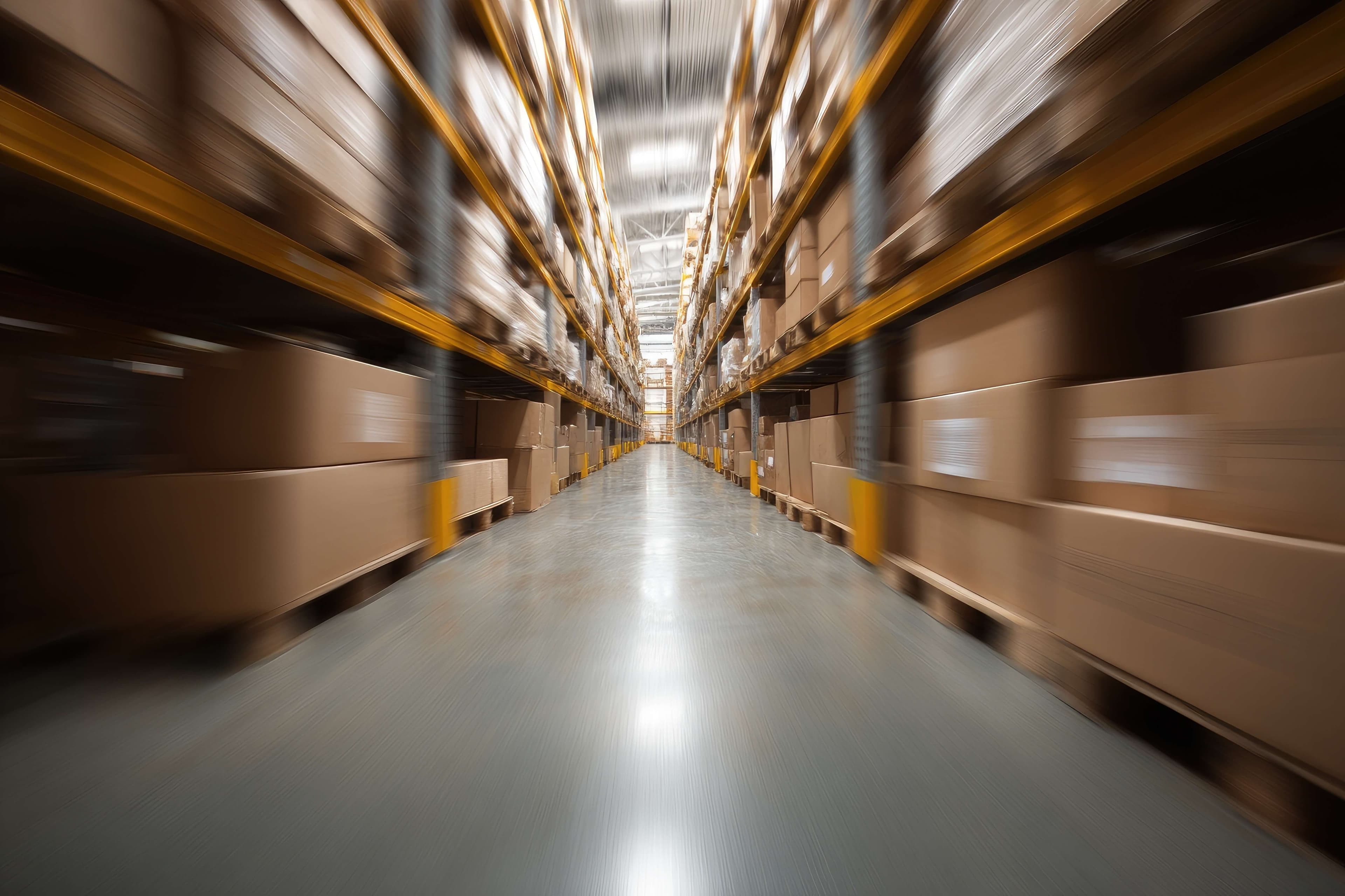 A long warehouse aisle with tall yellow shelving units stacked with brown cardboard boxes, shot with a motion blur effect.