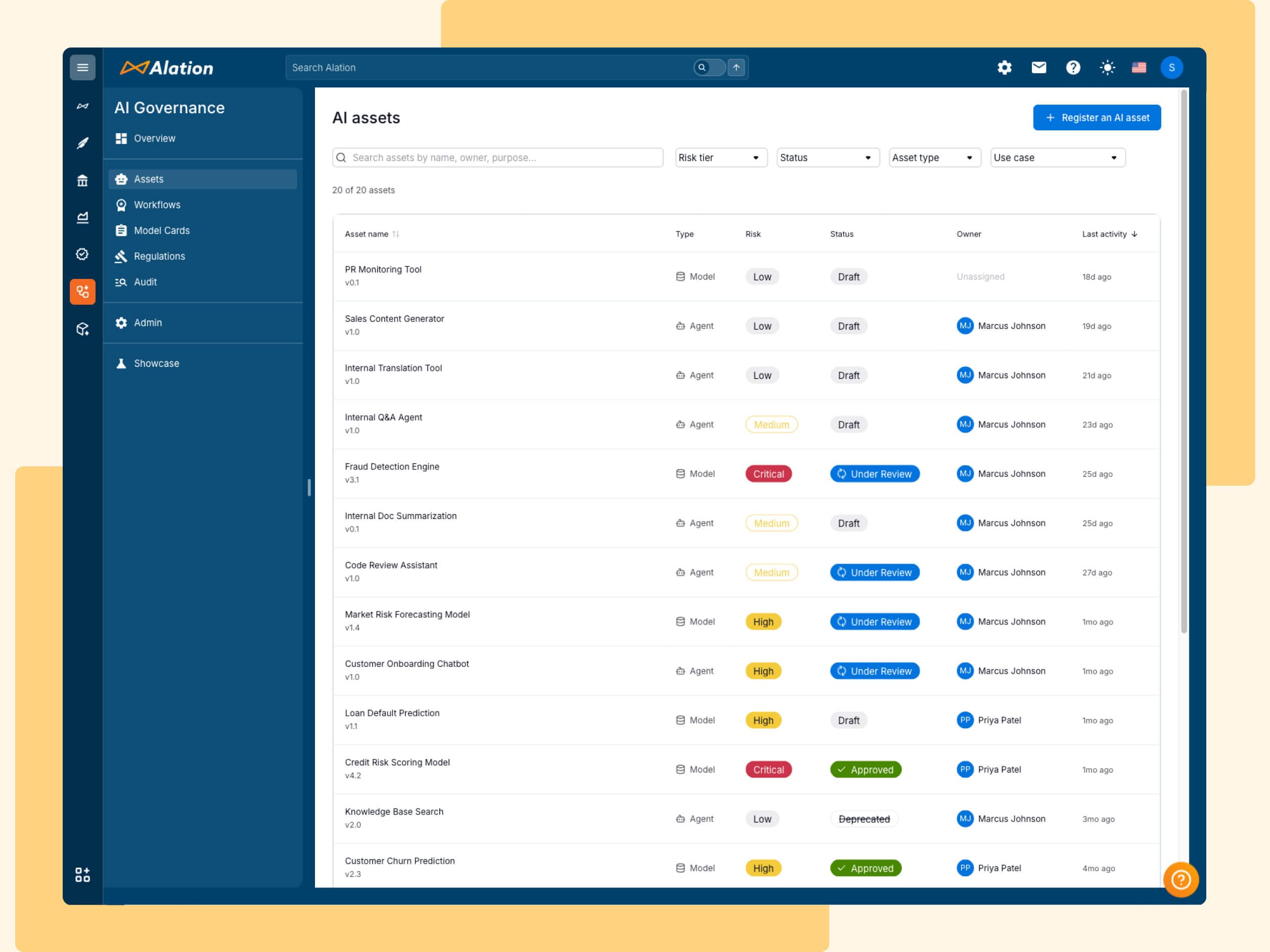 Alation AI Governance dashboard showing a list of 20 AI assets with columns for type, risk level, status, owner, and activity.