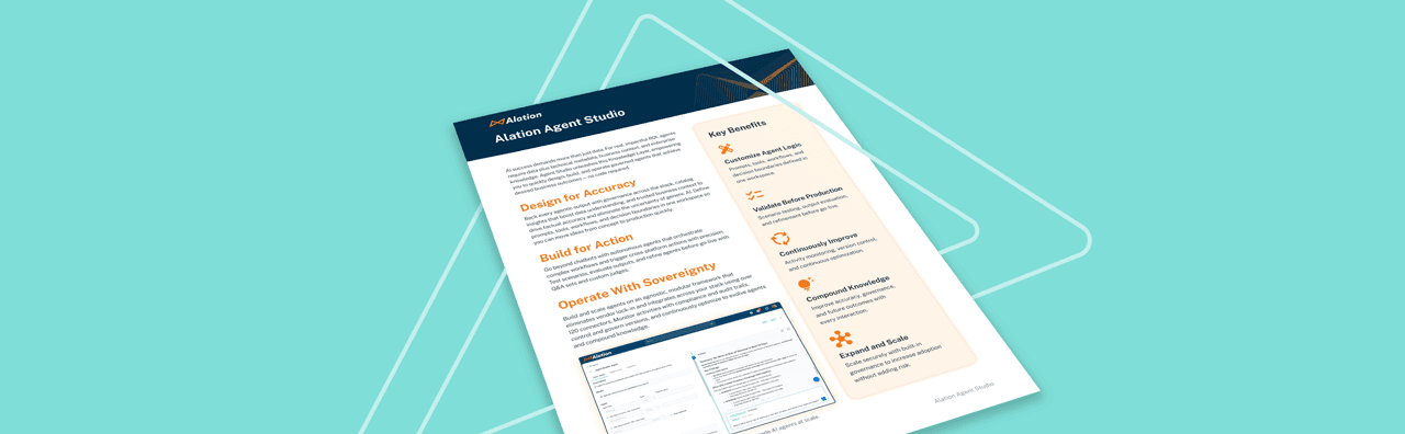 Alation Agent Studio product brochure on teal background highlighting key features and benefits