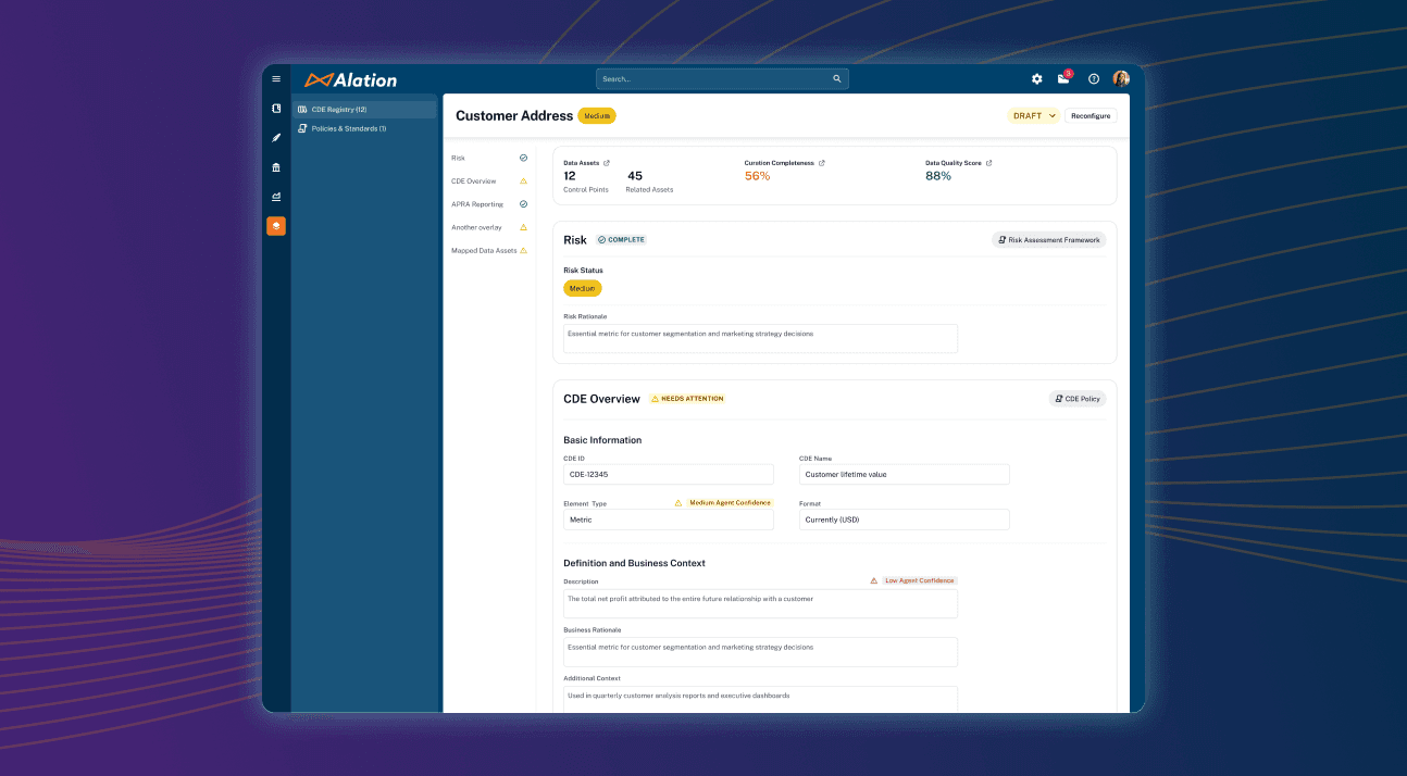 Alation data governance dashboard showing Customer Address details with risk assessment metrics and data quality scores.