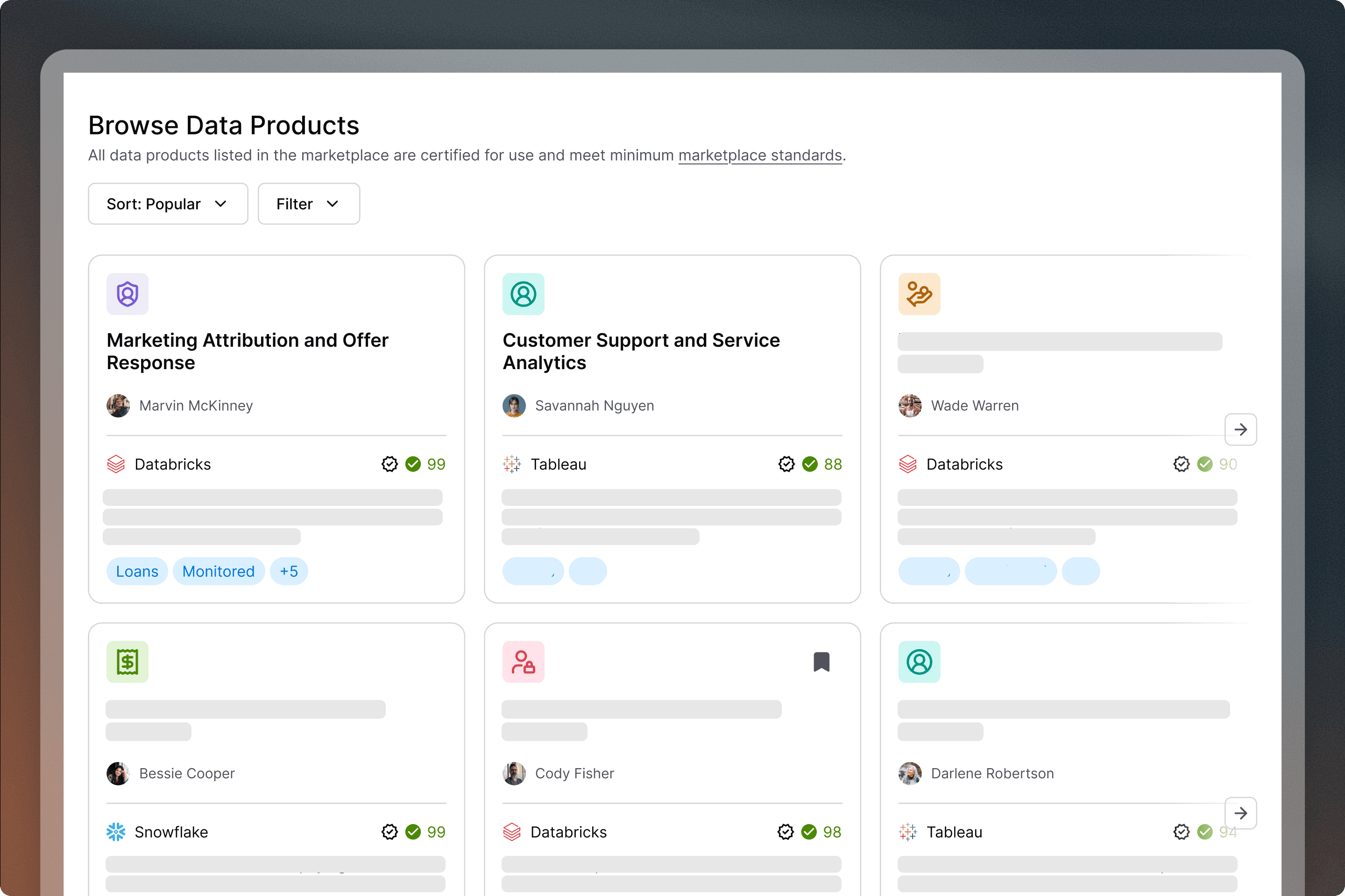 A "Browse Data Products" marketplace UI showing six product cards with owner names, platform logos, and quality scores.