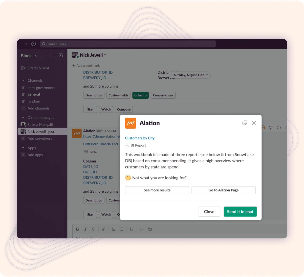 Product image showing how users can connect their data catalog to Slack with Alation Anywhere