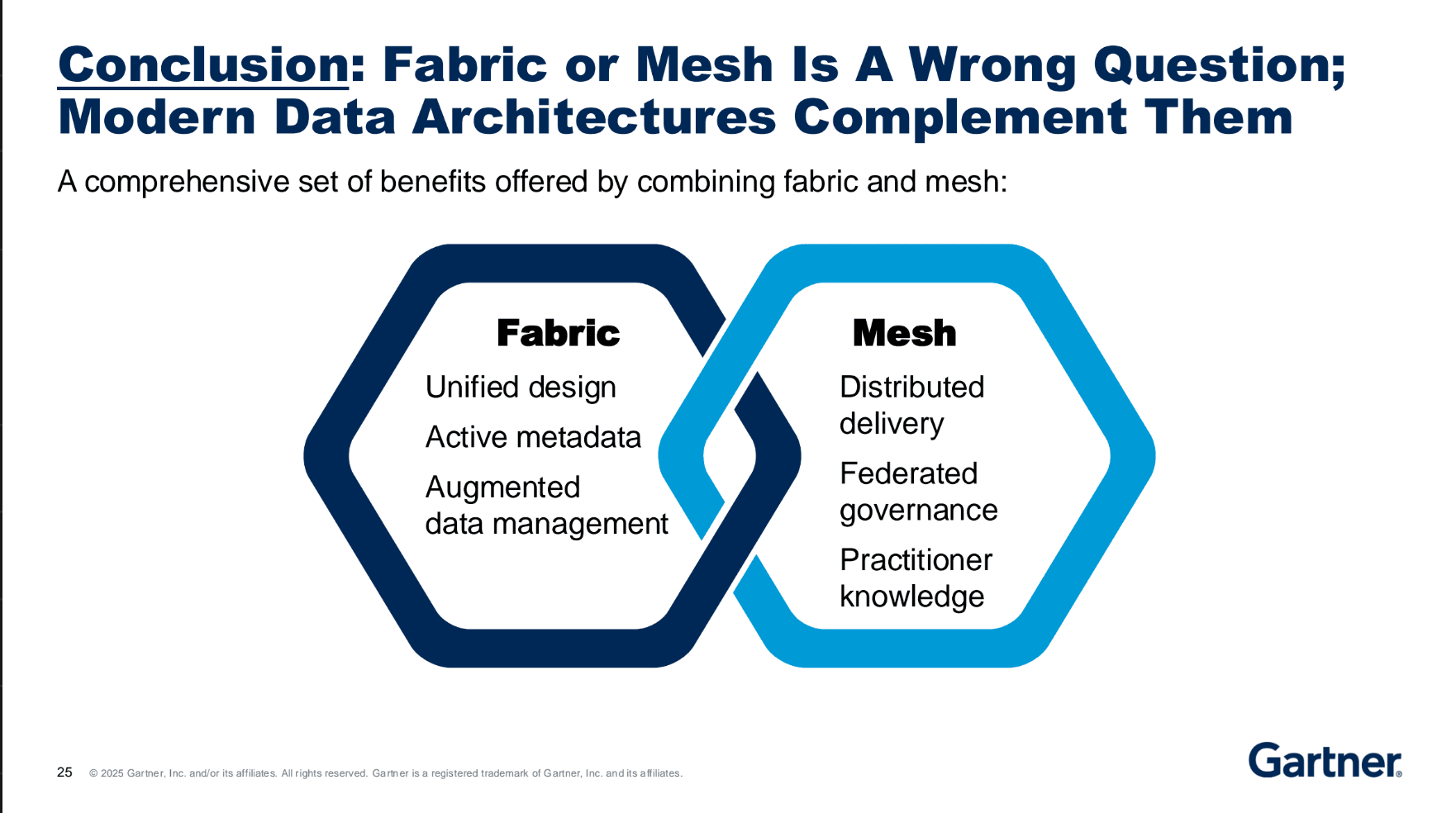 Slide from Gartner's, "End the Data Fabric/Mesh Debate: Complement Fabric With Mesh When Modernizing Data Architectures" entitled Fabric or mesh is the wrong question; modern data architectures compelement them