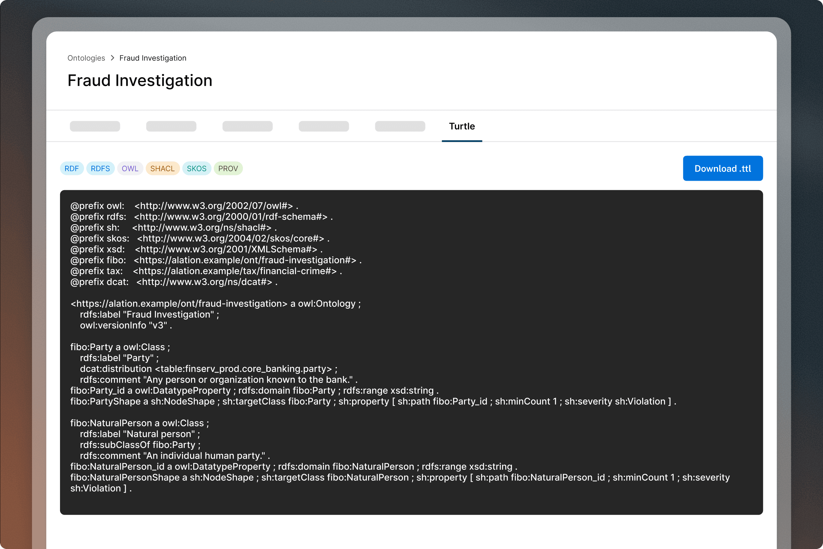 Screenshot of a Fraud Investigation ontology page displaying Turtle format RDF/OWL code with a Download .ttl button.