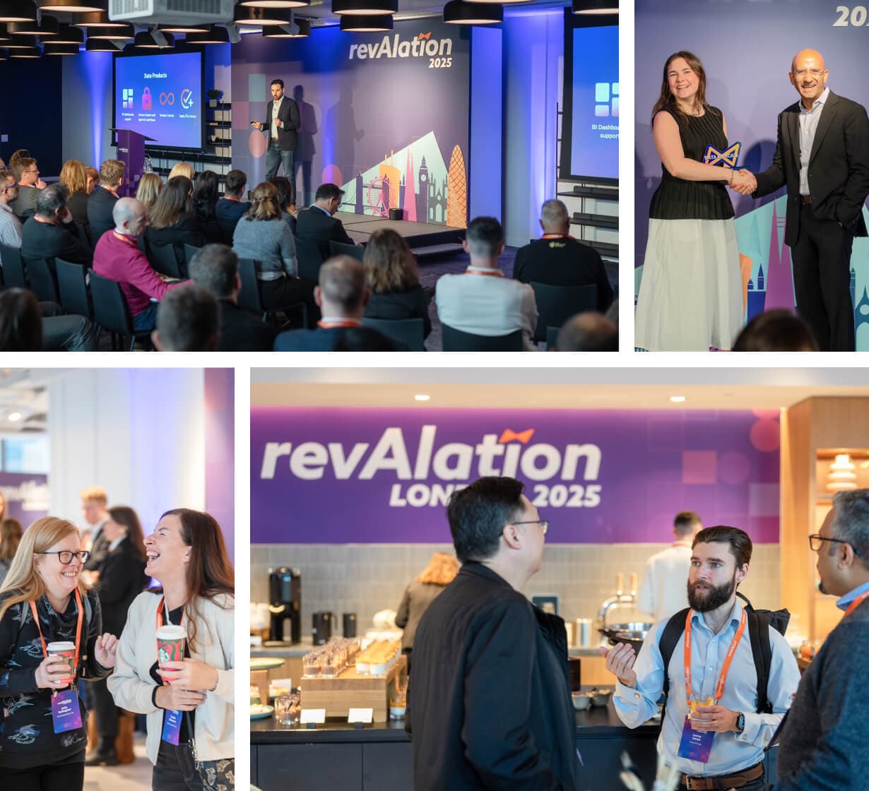 Collage of revAlation 2025 conference showing presentations, award ceremony, and attendees networking during breaks.