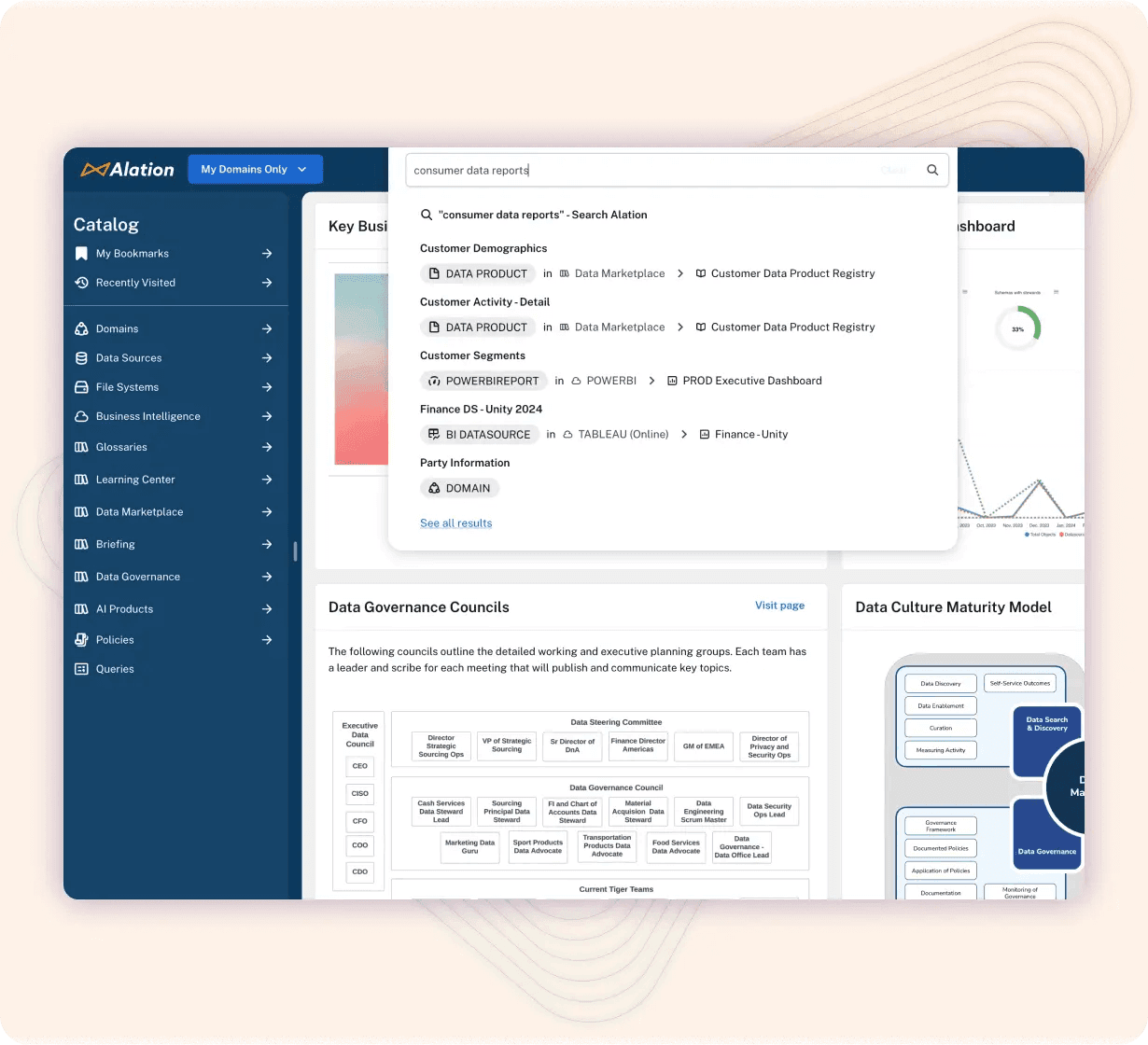 Alation’s platform interface shows smart search results, governance details, and domains in dashboard view.