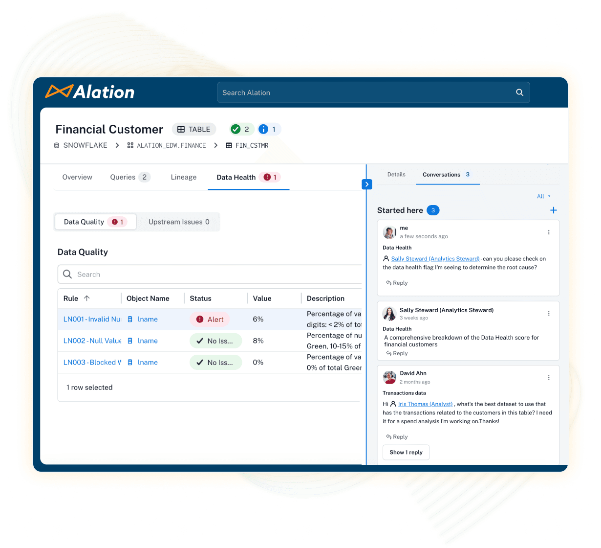 Product screenshot for Alation product featuring Data Health and a collaborative conversation