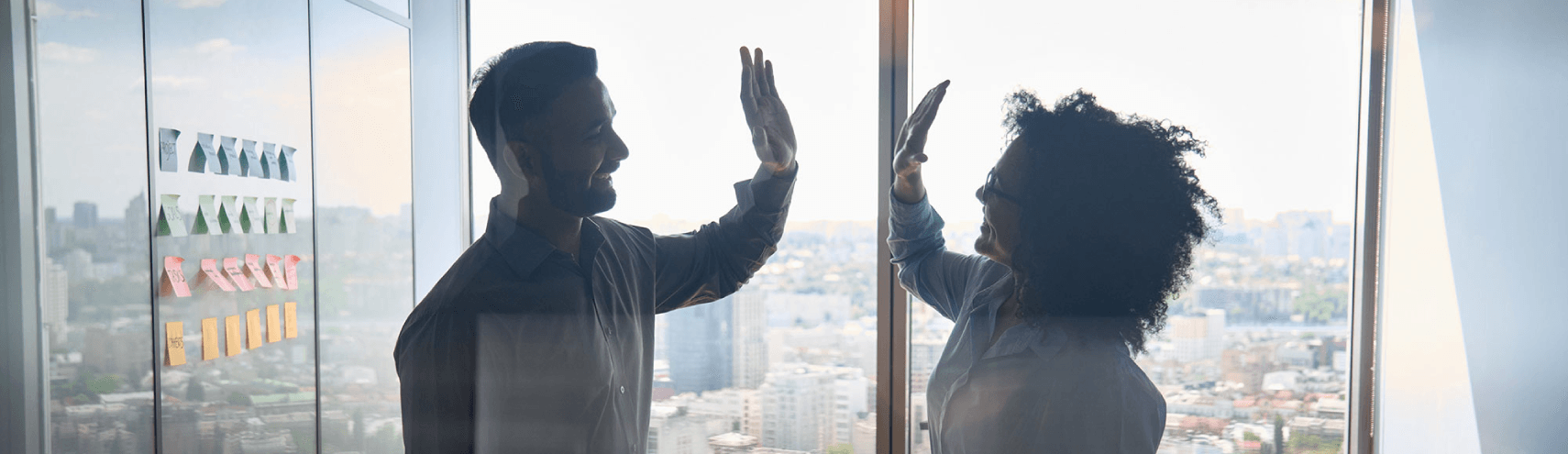 Silhouette of two Alationaut coworkers high-fiving as they celebrate Alation winning four TrustRadius Top Rated Awards