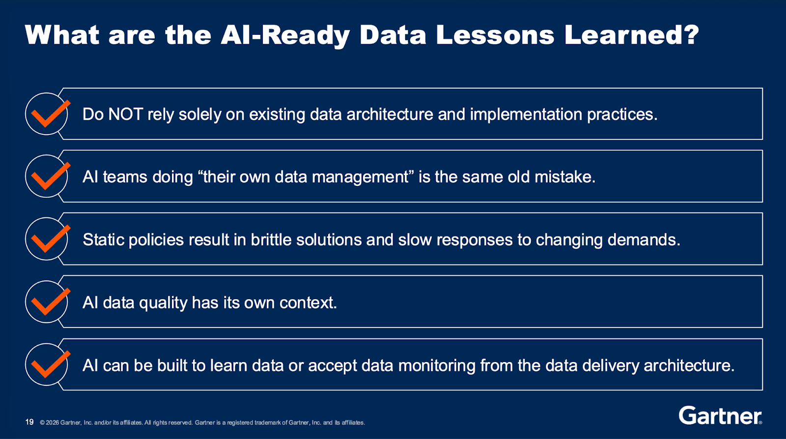 Slide from Gartner presentation: "What are the AI-ready data lessons learned?"