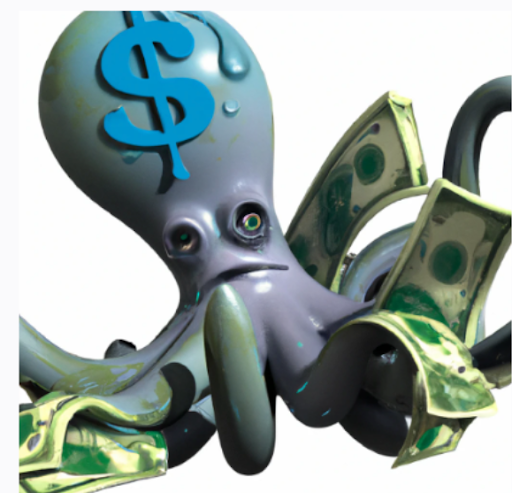 Octopus has a dollar currency sign on its forehead while his tentacles turn into dollar bills.