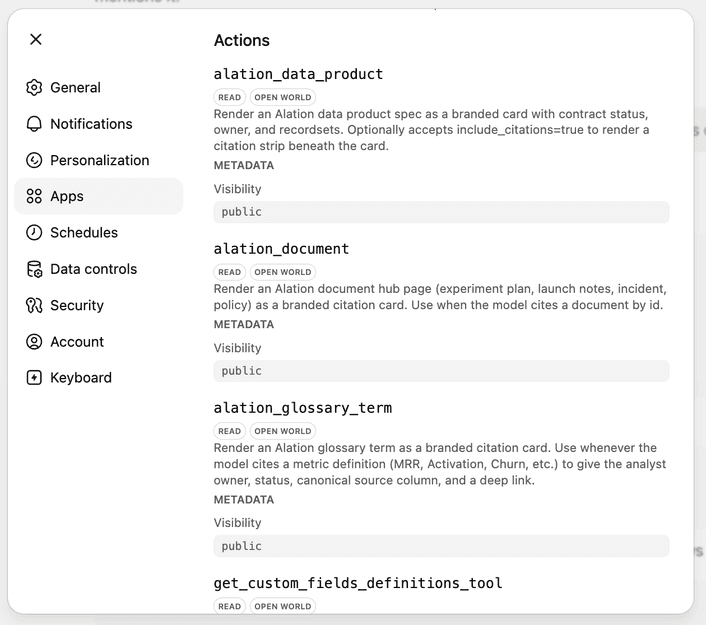 Alation Trusted Context Layer for Codex apps: data product card, glossary document, get custom fields