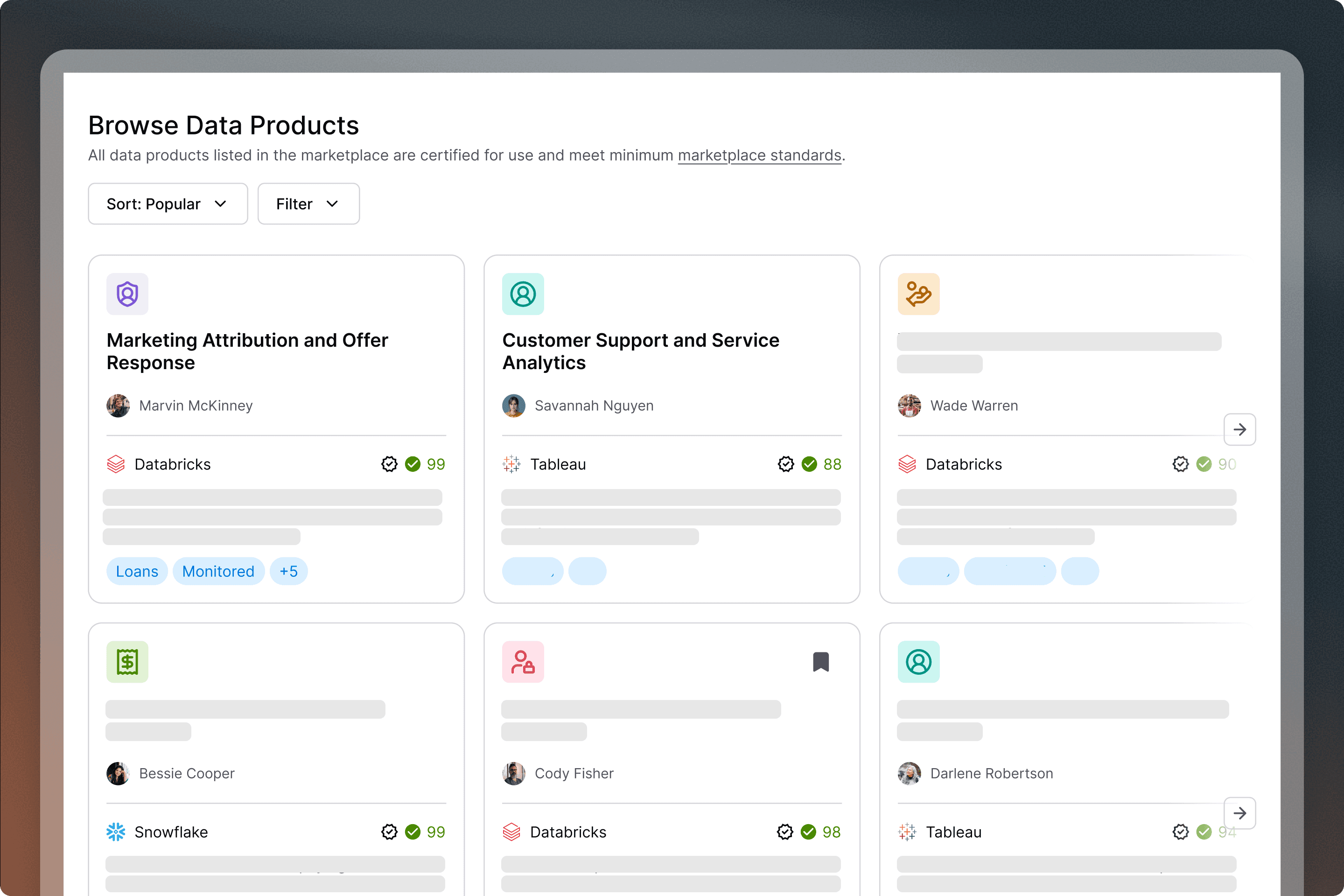 A data marketplace UI showing "Browse Data Products" with six product cards listing owners, platforms like Databricks and Tableau, and quality scores.