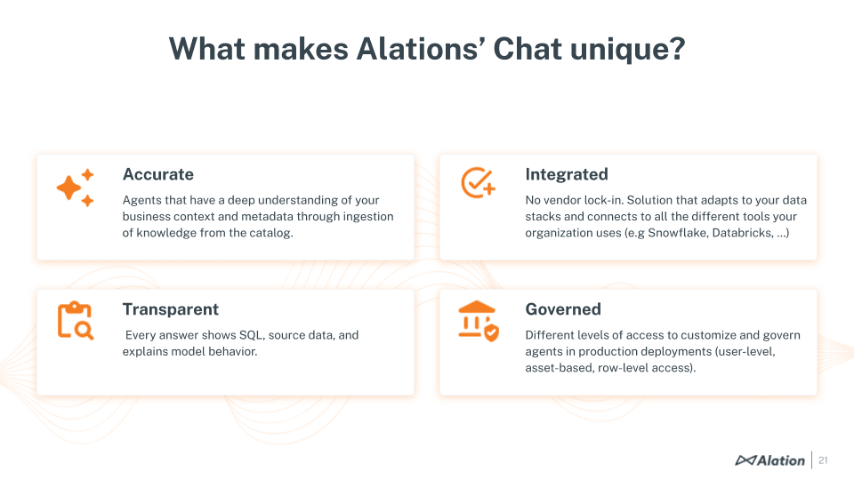 Slide from chat with your data webinar: What makes this feature unique? (Accurate, integrated, transparent, governed)