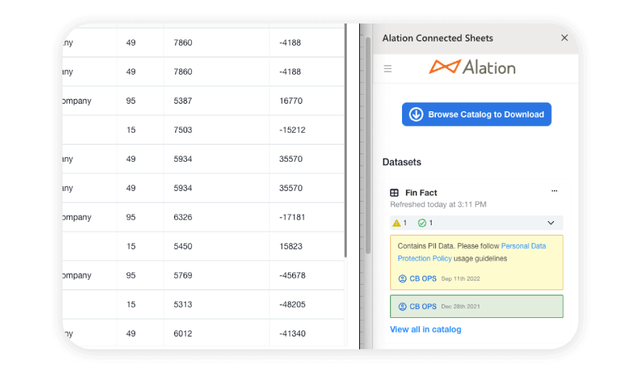 A screenshot of Alation Anywhere, a metadata integration for everyday apps, reducing risks