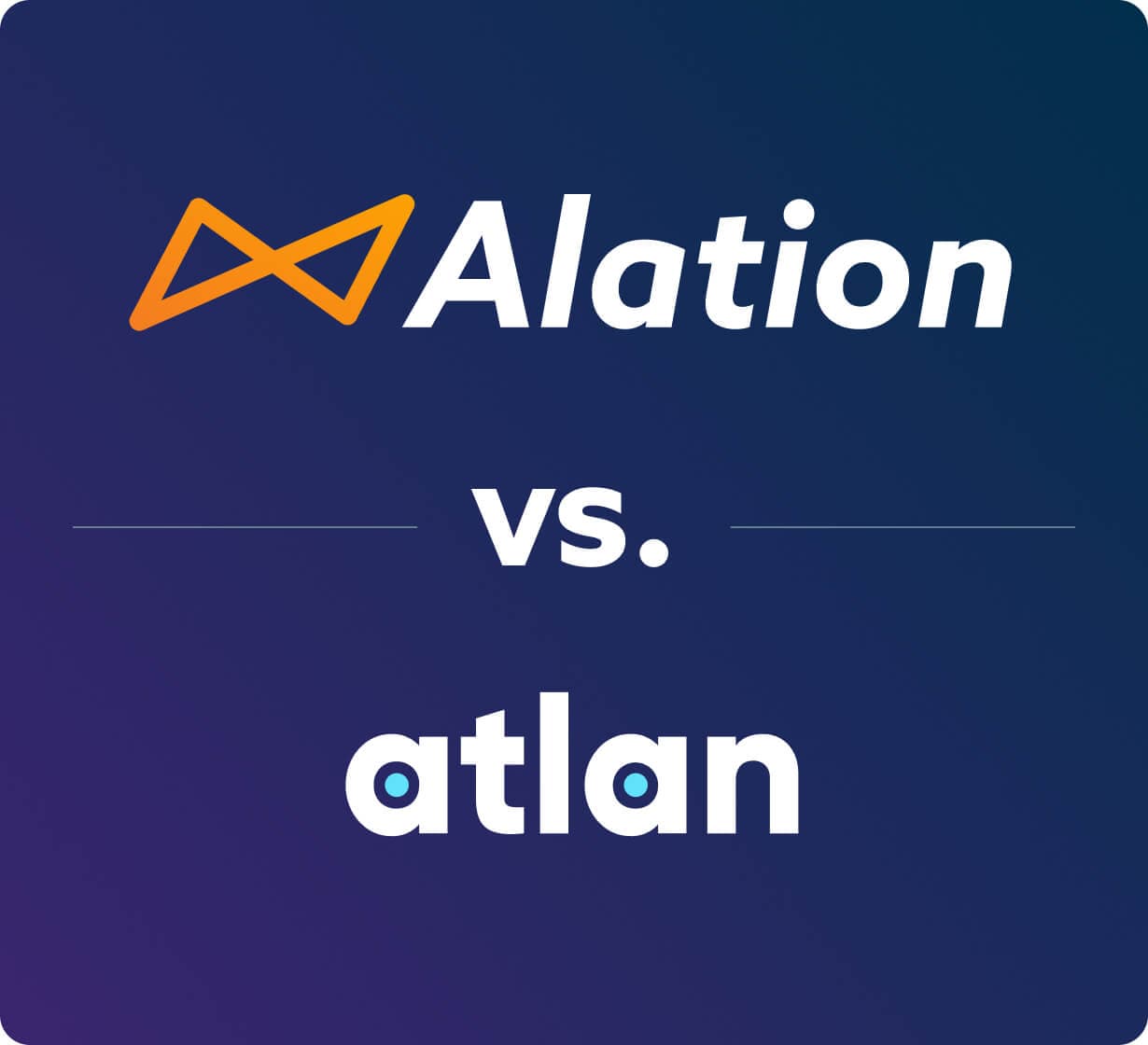 Alation logo with orange icon versus Atlan logo in white text on a dark blue gradient background.