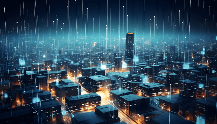 An illuminated cityscape intricately coded, depicting the 5 common challenges in data sharing and their solutions through strategically placed lights along the streets.