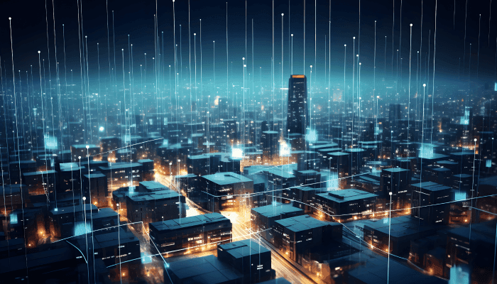 Alation blog image: An illuminated cityscape intricately coded, depicting the 5 common challenges in data sharing and their solutions through strategically placed lights along the streets.