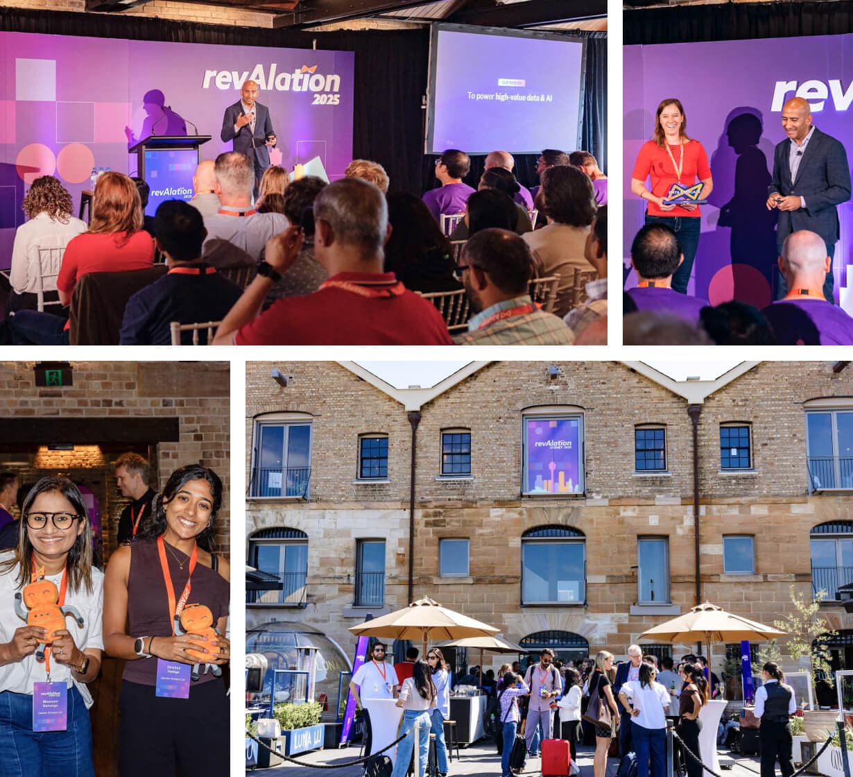 Collage of revAlation 2023 conference showing presentations, award ceremony, attendees networking, and outdoor venue with purple branding.