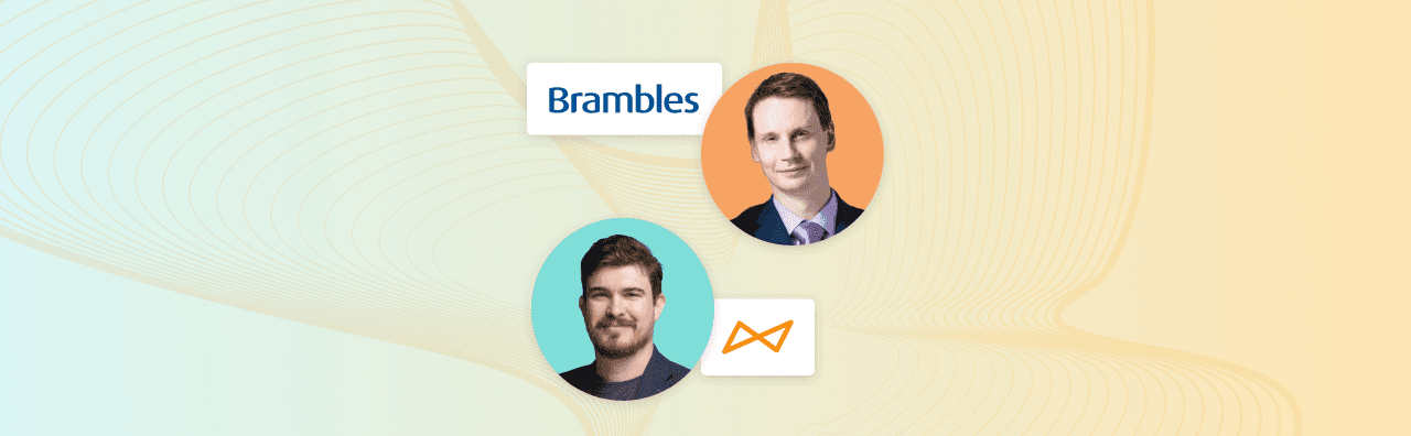 Brambles company branding with two professional portraits in circular frames against a pale yellow wavy background.