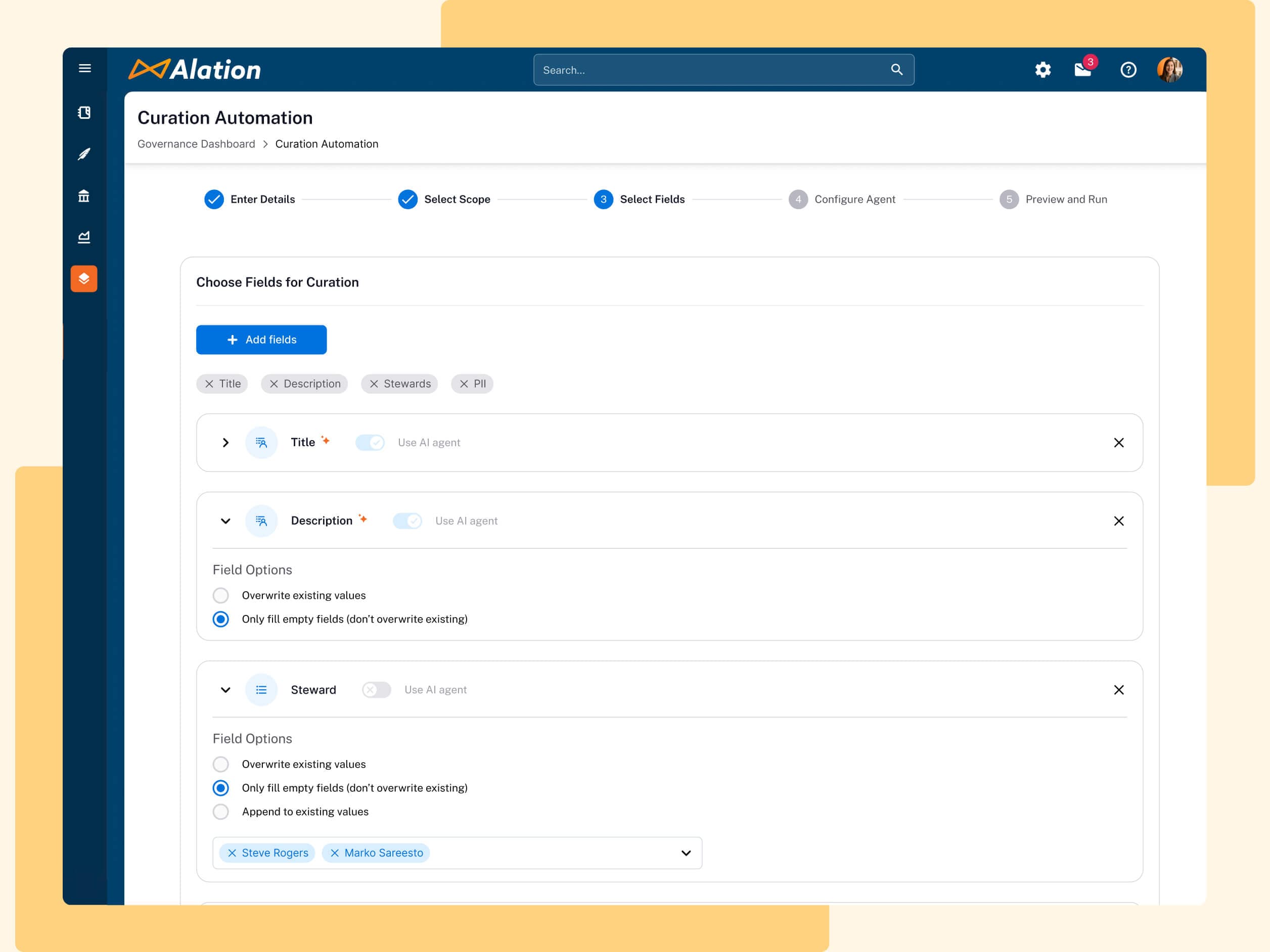 Alation Curation Automation interface showing field selection step with Title, Description, Steward, and PII fields configured with AI options.