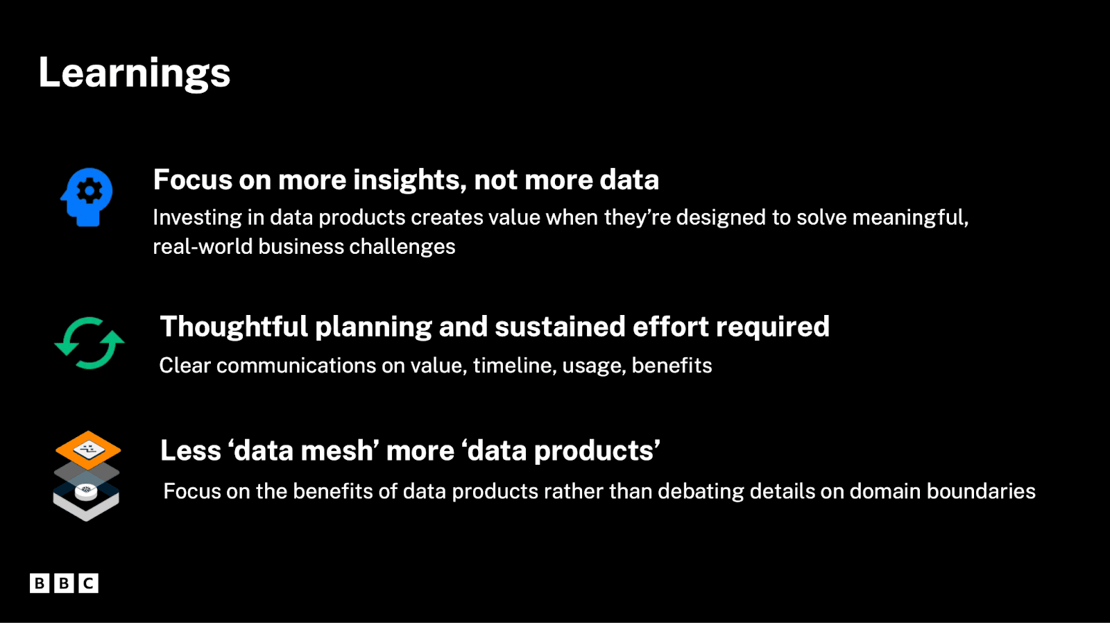 Slide from BBC presentation on data products: key learnings