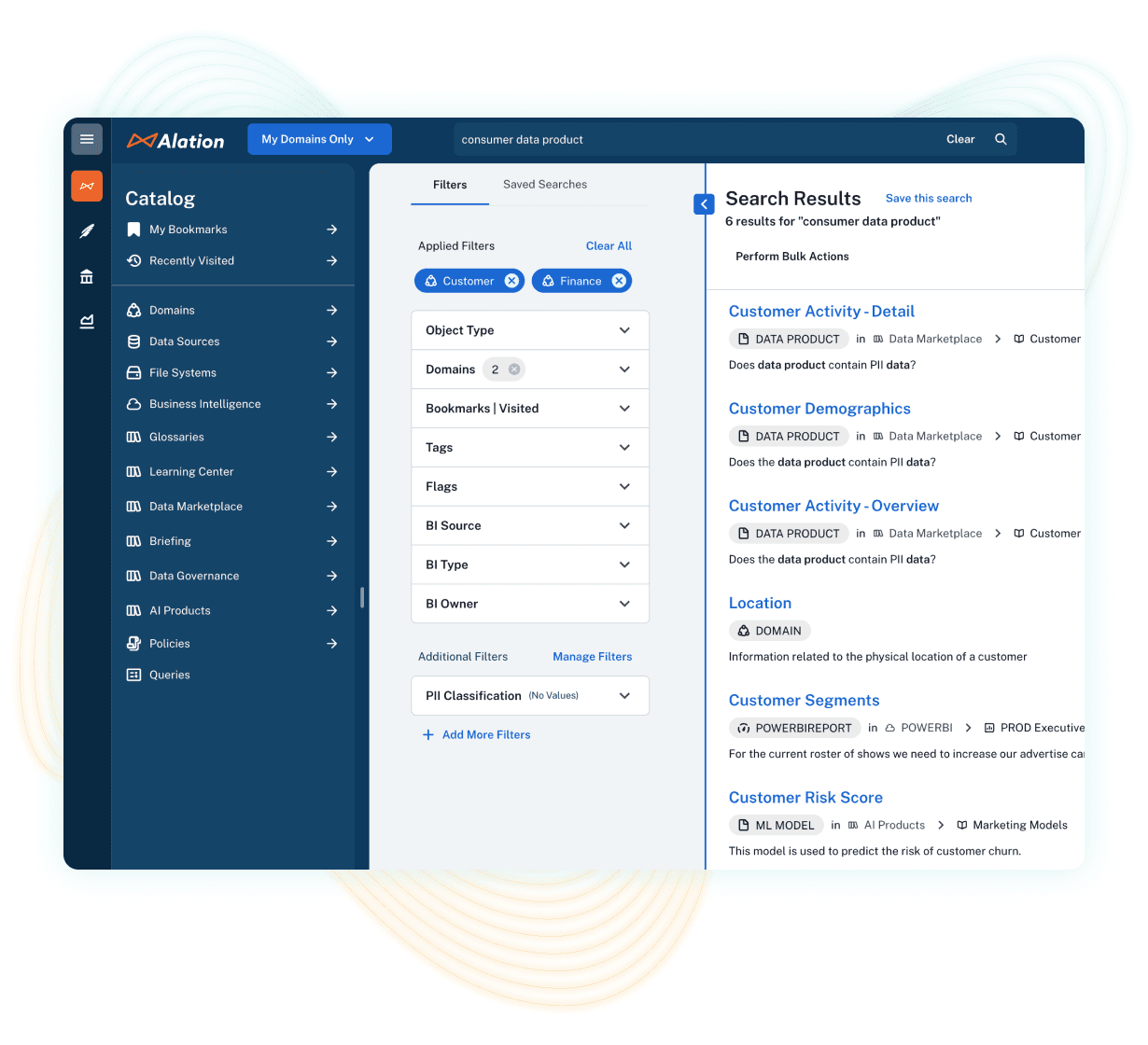 Product screenshot of the Alation Data Catalog Search Results