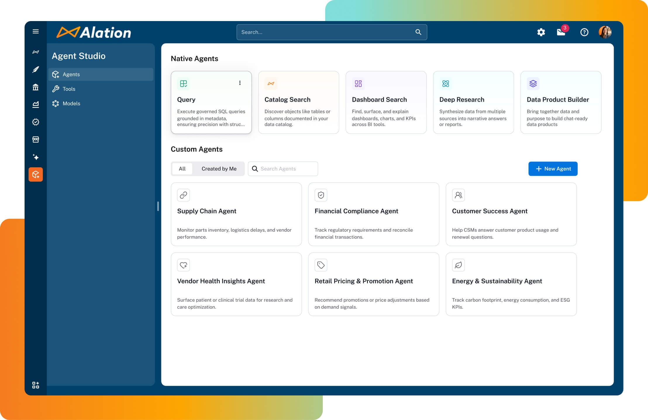 Alation Agent Studio interface showing Native Agents and Custom Agents with various data analysis tools and specialized agents.