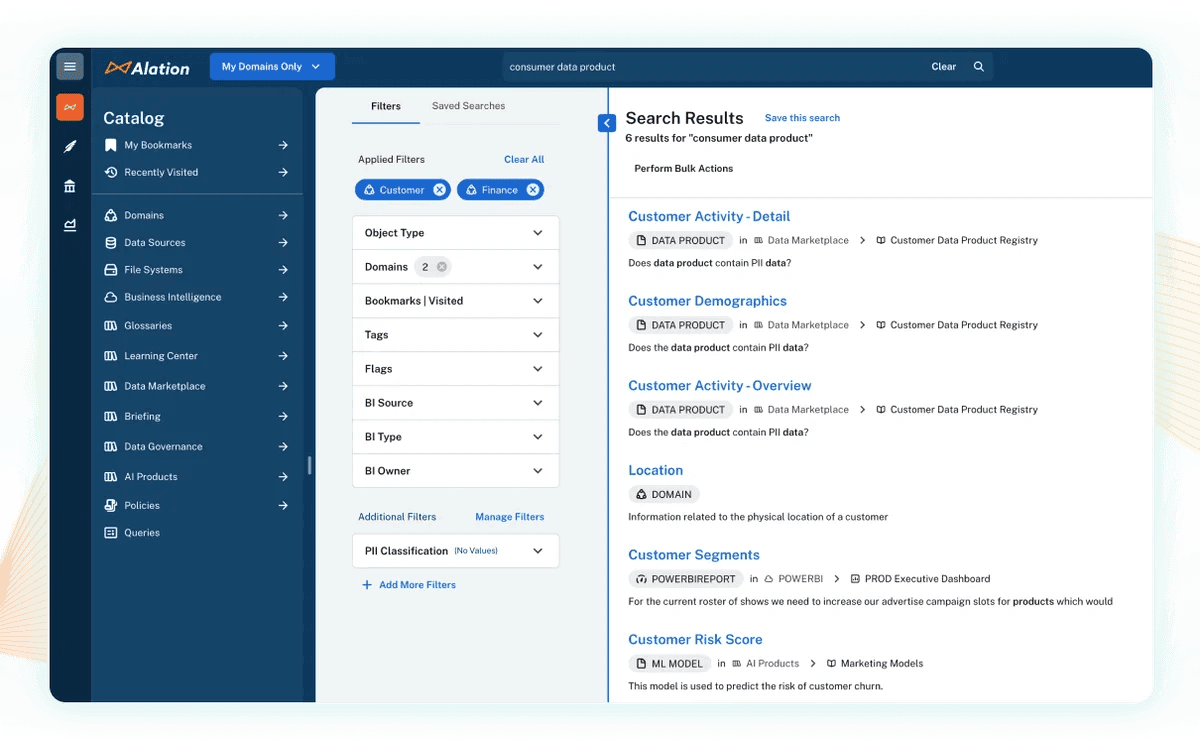 Alation interface showing catalog search results by domain filter