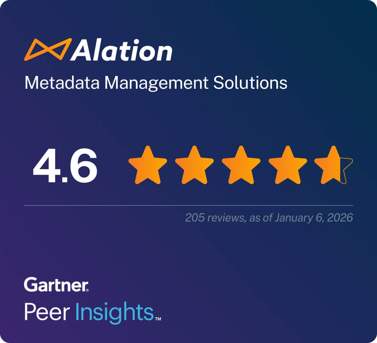 Alation Metadata Management Solutions rating of 4.6 stars from 205 reviews on Gartner Peer Insights, displayed on dark blue background.
